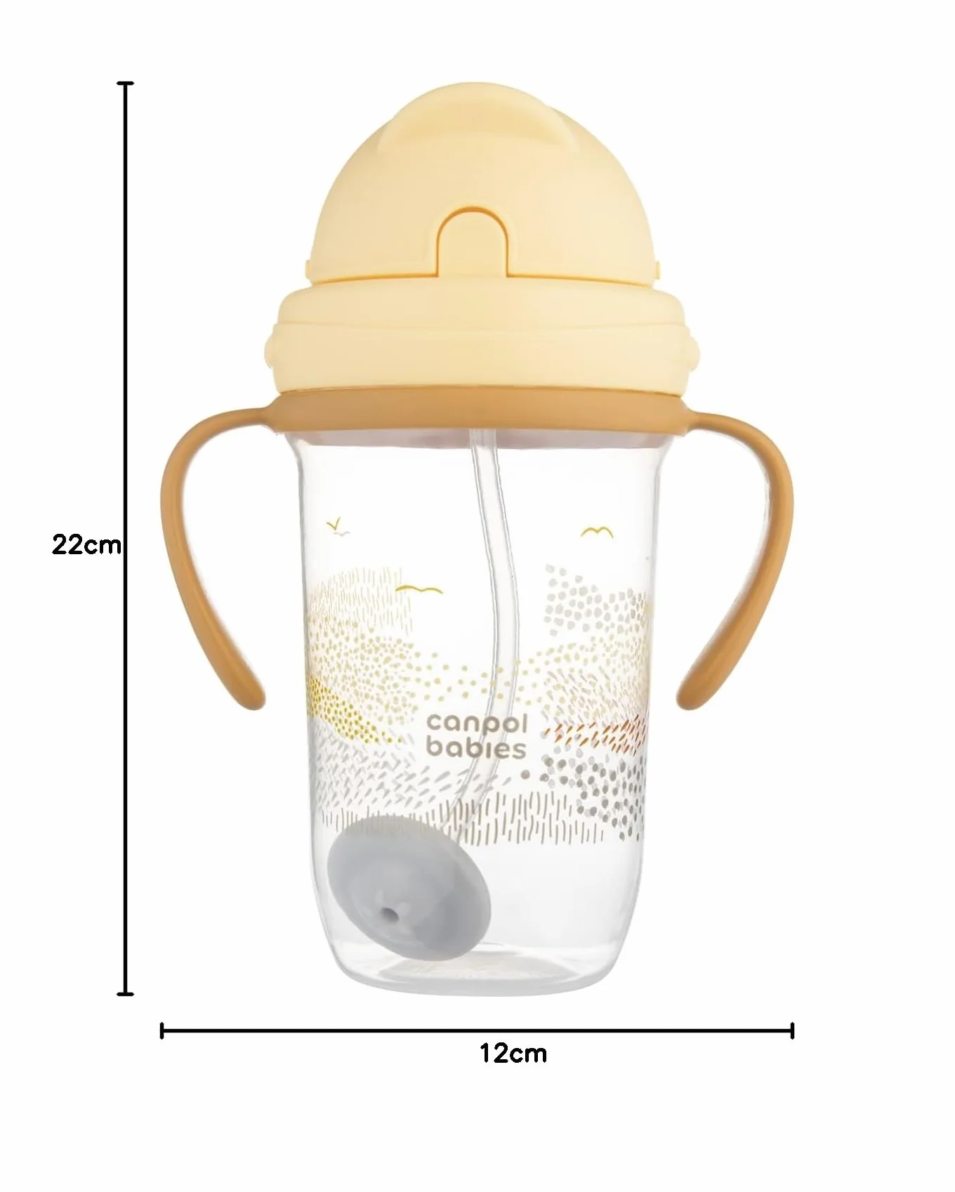 Canpol babies Kubek niekapek z rurką i odważnikiem 270 ml, 6m+, Picie pod każdym kątem, Niekapiąca miękka silikonowa rurka, Szczelna pokrywka (Żółty MOUNTAINS)