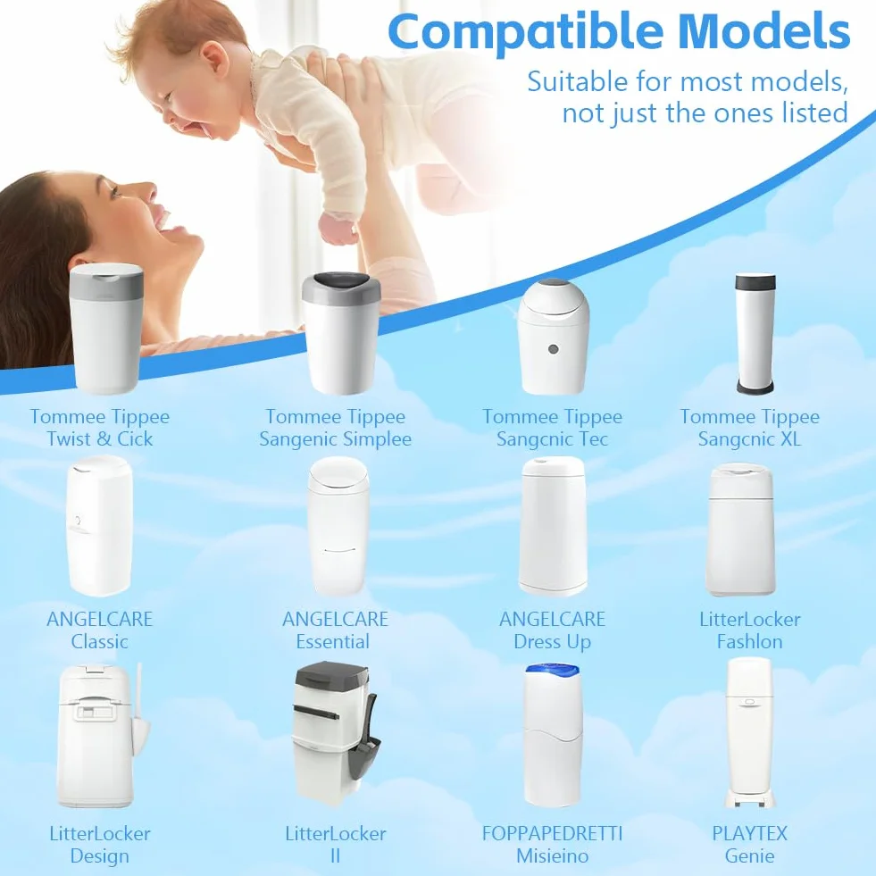 Pojemniki na pieluchy 6 sztuk, folia uzupełniająca 4,5 m, kompatybilne z Angelcare, Tommee Tippee, Spross, LitterLocker, niebieski