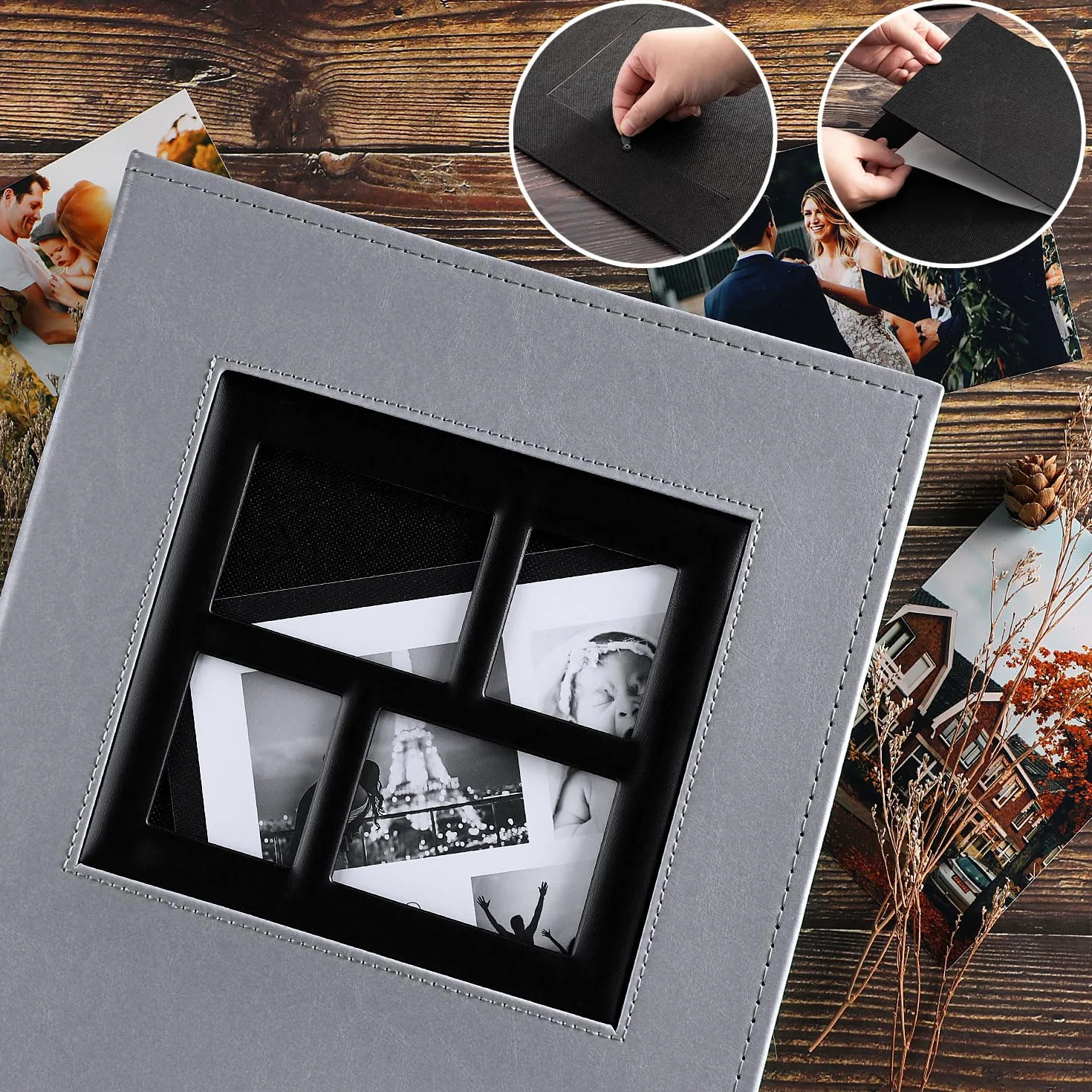 Ywlake Album fotograficzny 10 x 15 1000, bardzo duży XXL skórzany album do wkładania zdjęć pionowych i poziomych, szary