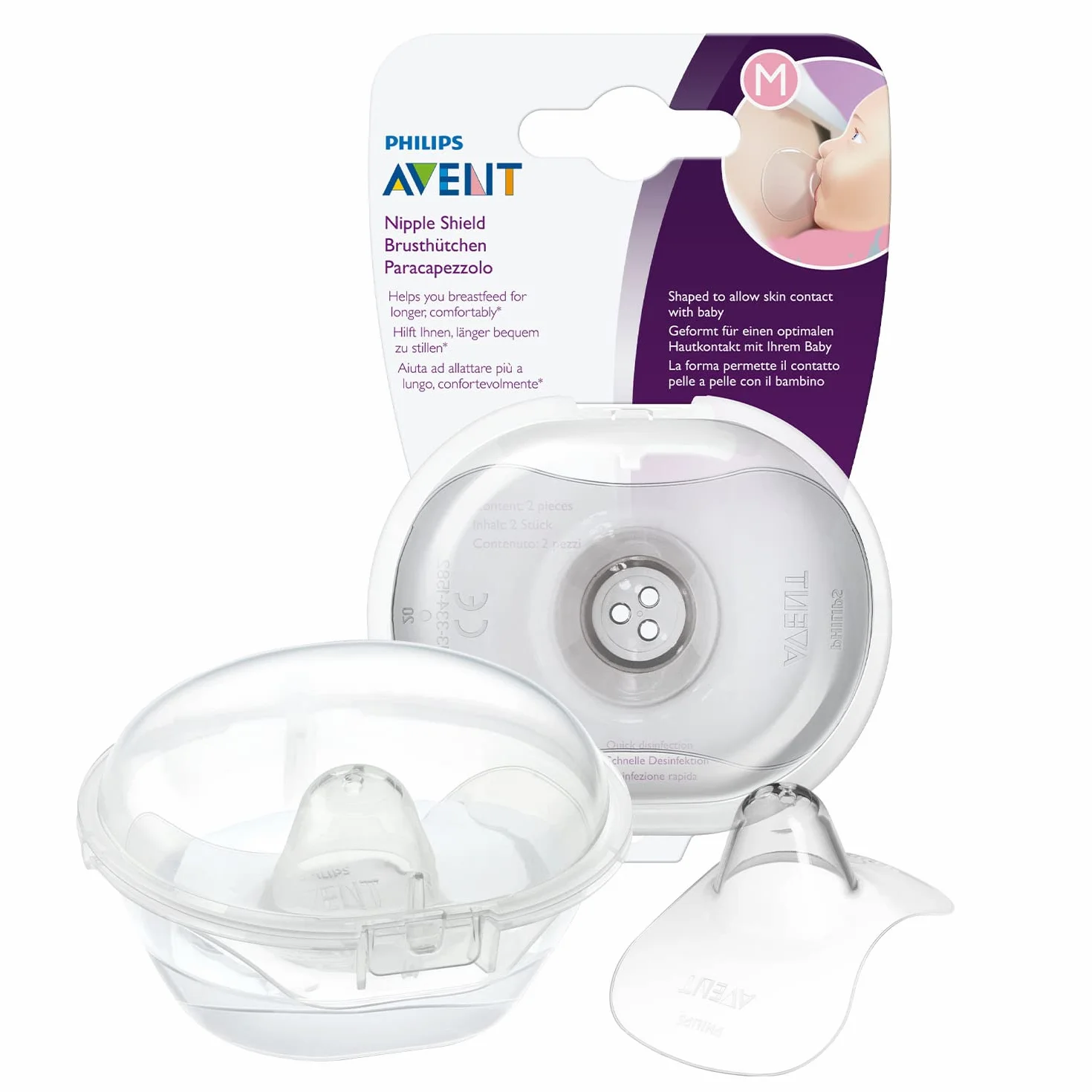 Philips Avent Nipple Shields to Support Breastfeeding, Easy Latch-On and Protects Sore, Cracked Nipples, Pack of 2, Medium (21mm), Includes Travel Case - SCF153/03, Transparent, 2 Count (Pack of 1)