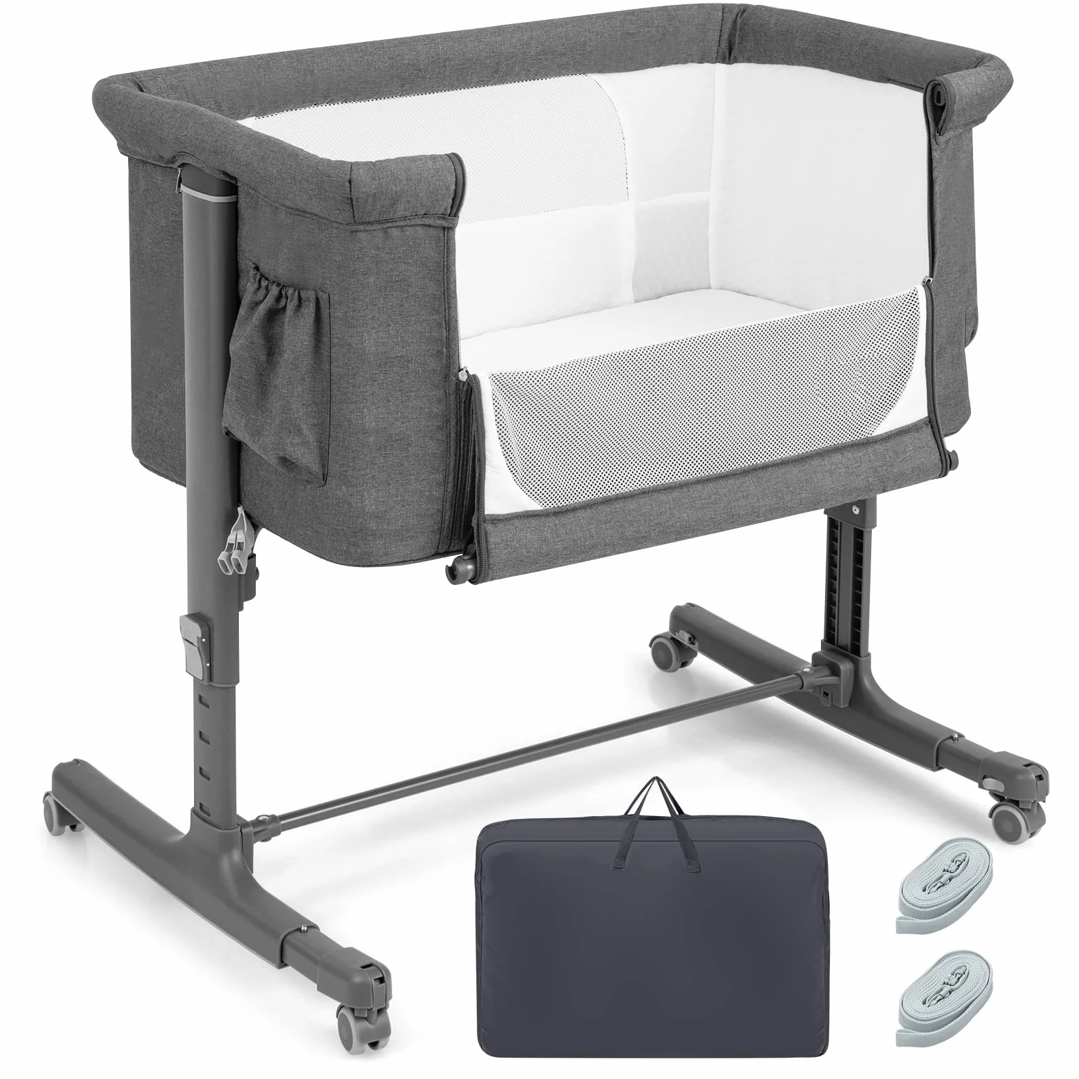 COSTWAY 3 in 1 Bassinet & Cradle & Travel Cot, 5-stopniowe łóżeczko dziecięce z regulacją wysokości, nachylenie 10°, łóżeczko z materacem, torba transportowa (ciemnoszary)