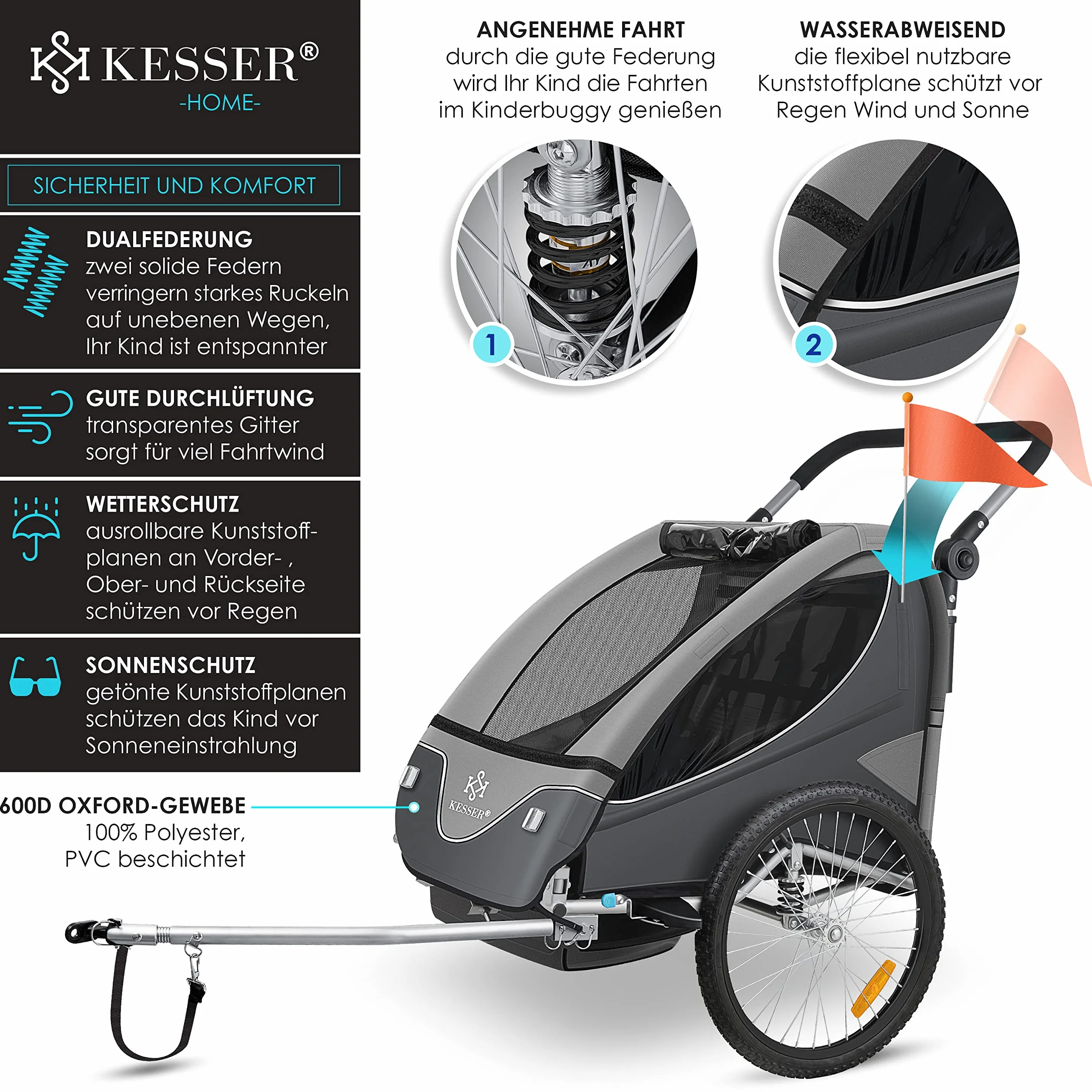 KESSER® Cruiser Child Trailer Przyczepka rowerowa 360° obrotowa z zawieszeniem 2w1 Funkcja Jogger Dziecięca przyczepka rowerowa + 5-punktowe szelki Jogger Przyczepka rowerowa max. 40kg