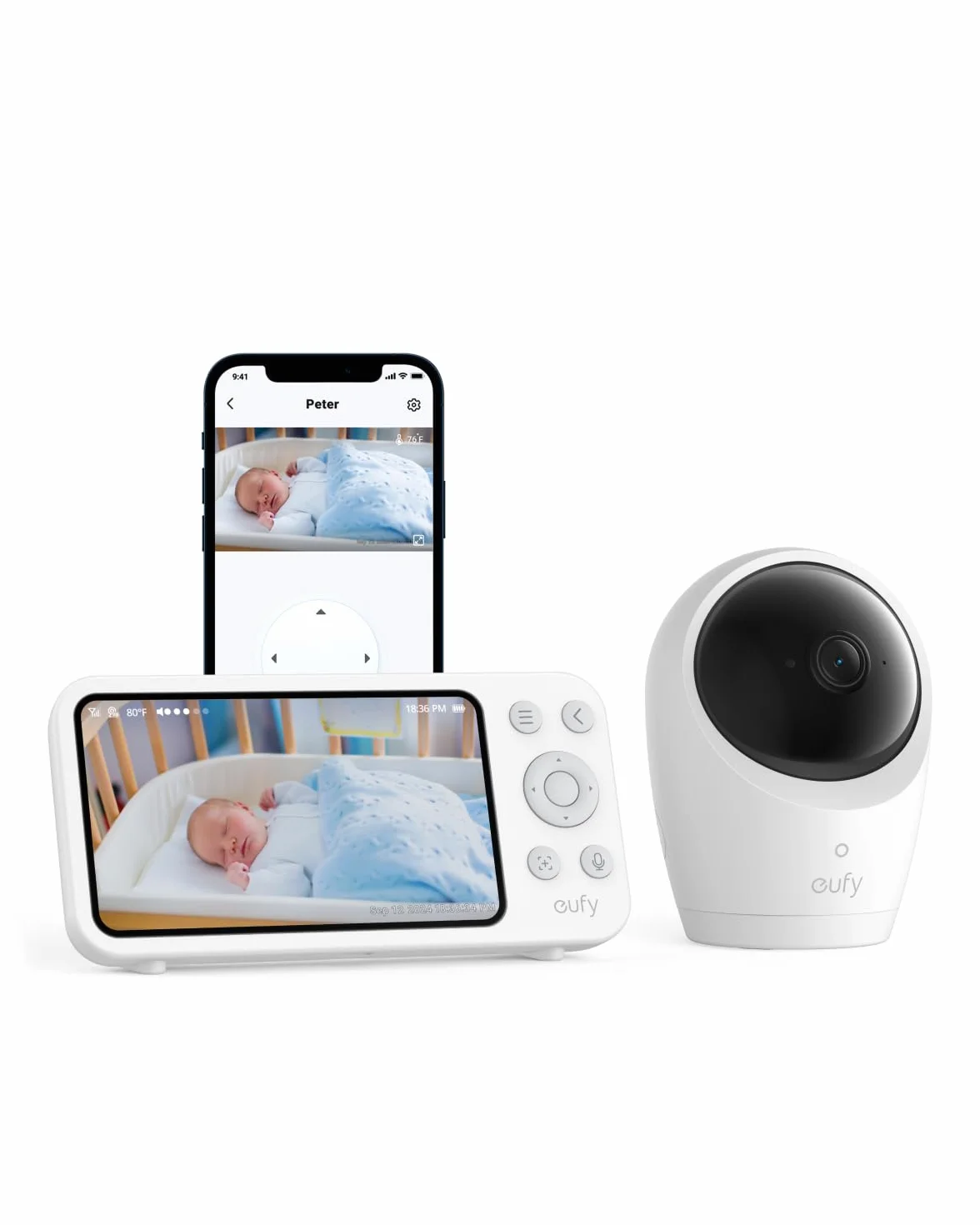 Kamera dziecięca eufy E20 z kamerą 2K HD, wyświetlaczem 5” 720p, hybrydowym Wi-Fi i bez połączenia Wi-Fi, obrót i pochylenie, 4-krotny zoom, ANR, inteligentne alerty