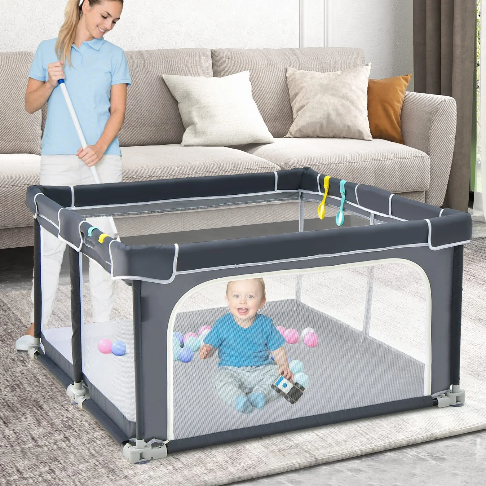 COSTWAY Kojec dla niemowląt 124 x 124 cm, składany, przenośny kojec z 50 piłkami, 4 uchwyty, funkcja blokowania, kratka do raczkowania ze ściankami z siatki i drzwiami, namiot dla niemowląt i dzieci