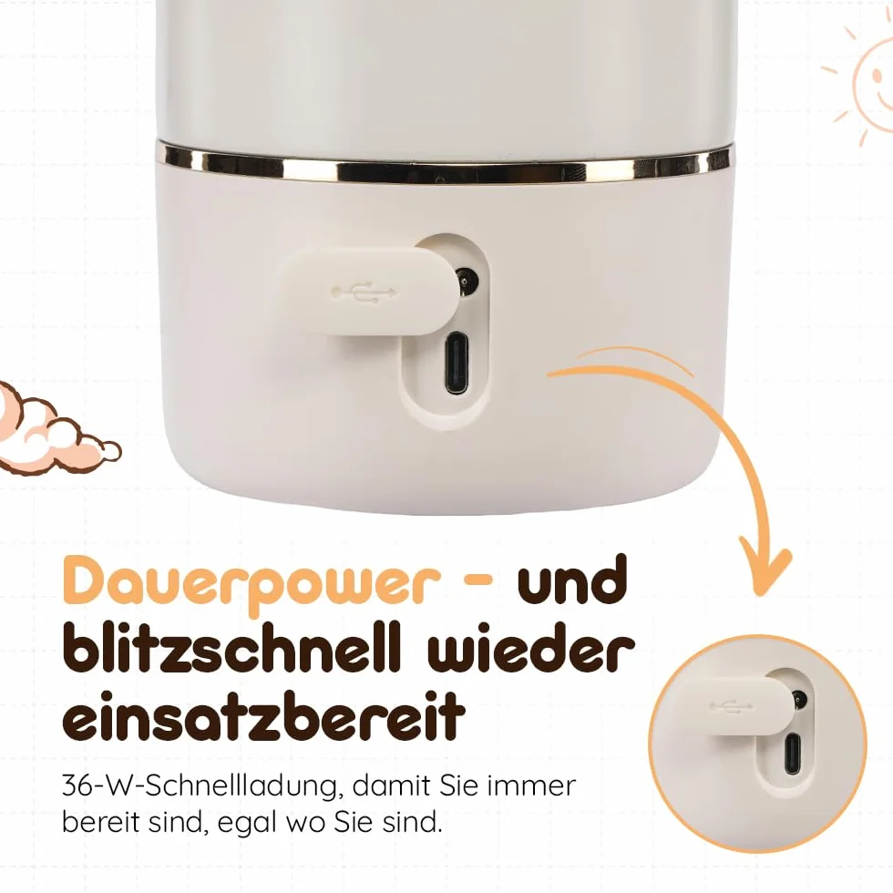 BEBELUX Elektryczny podgrzewacz do butelek dla niemowląt – elektryczny podgrzewacz mleka dla niemowląt w podróży | szybkie ładowanie 36 W USB-C | nie zawiera BPA | doskonała regulacja temperatury |