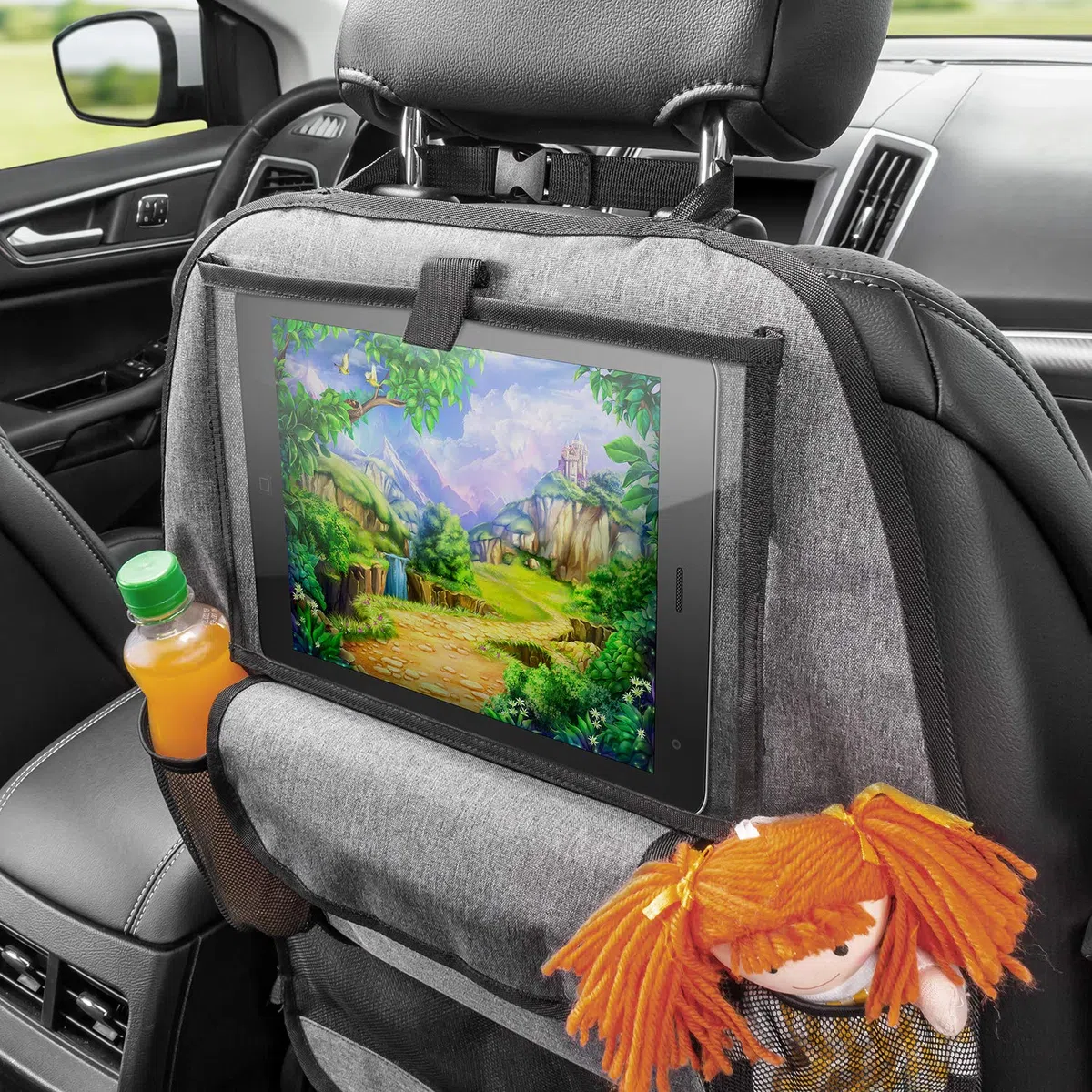 reer TravelKid Entertain organizer na tylne siedzenie samochodowe, z kieszenią na tablet, odporny na zabrudzenia, wiele kieszeni, do wszystkich foteli samochodowych, również foteli sportowych, szary, 1 sztuka (1 opakowanie)