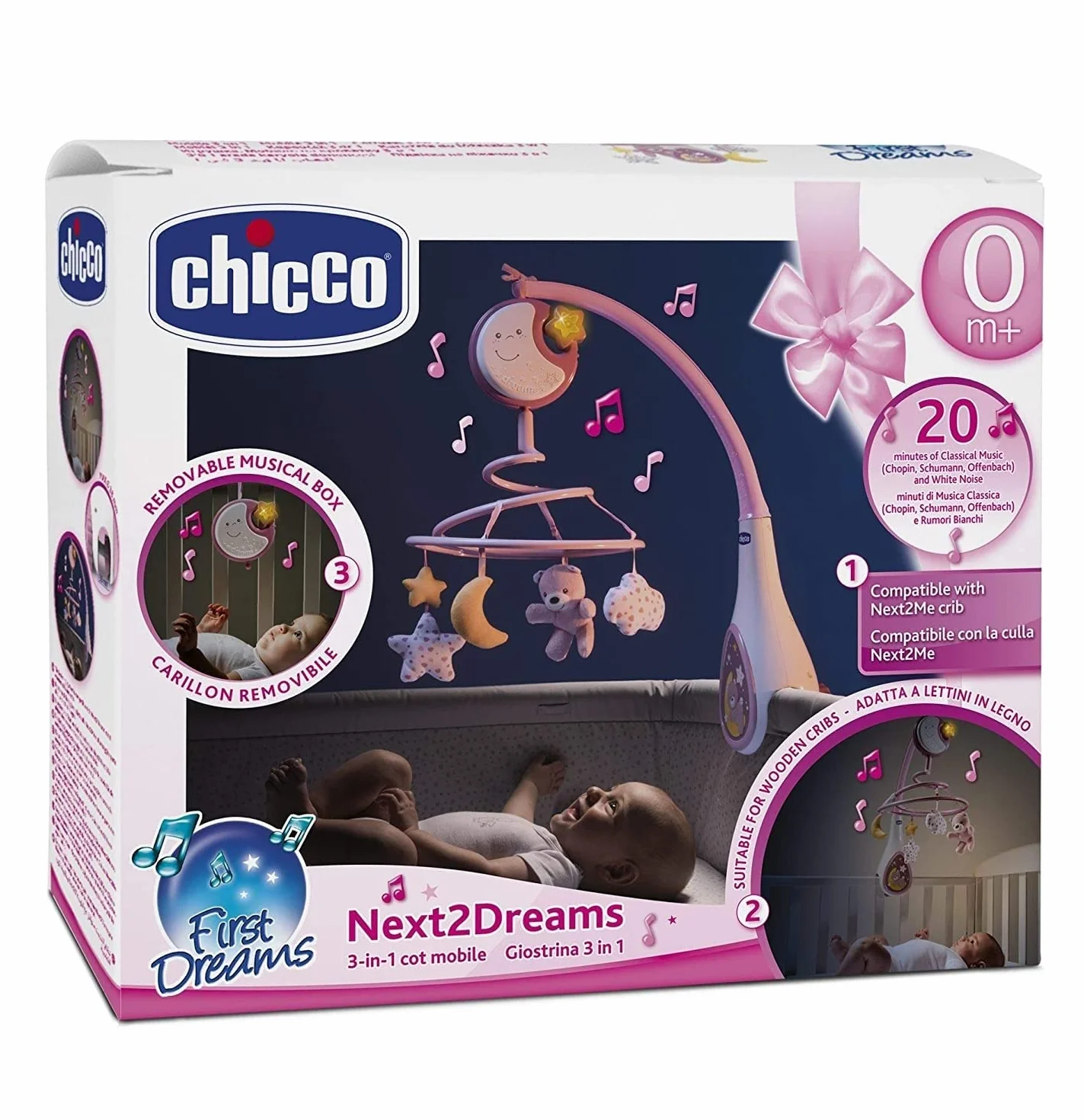 Chicco Karuzela dla Noworodka Next2Dreams z Elektroniczną Karuzelą do Łóżeczka i Gondoli, Kompatybilna z Łóżeczkiem Chicco Next2Me, z Efektami Dźwiękowymi, Łagodne Światła, Muzyka - 0+M, Różowa