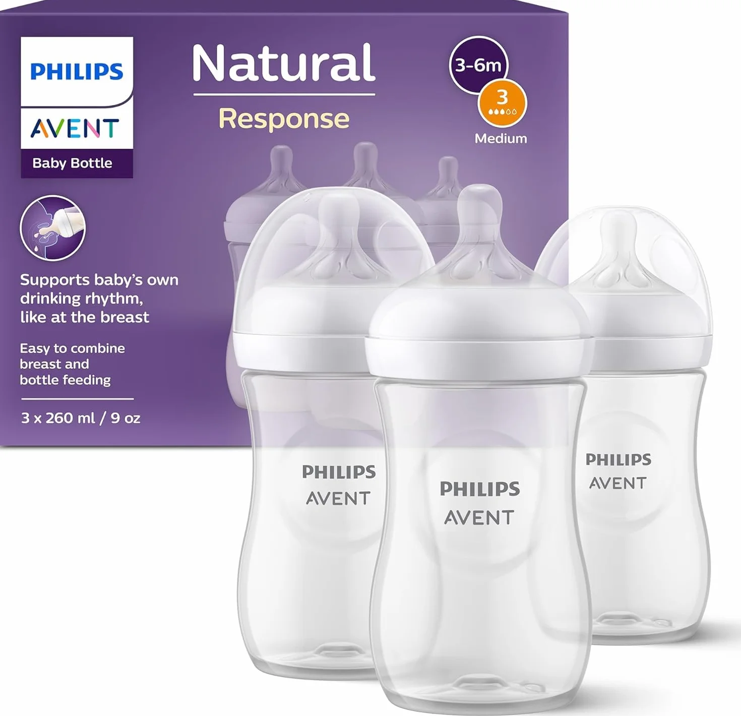 Philips Avent butelka Natural z Responsywnym smoczkiem 260ml 3 szt. SCY903/03