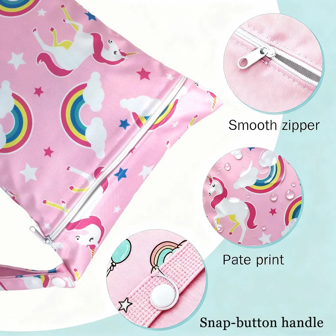 Wetbag torba na mokro do przedszkola, 2 sztuki, różowa jednorożec, wodoszczelna, przenośna, torba na pieluchy w podróży, mała torba na mokre rzeczy kąpielowe, wielokrotnego użytku, torba do