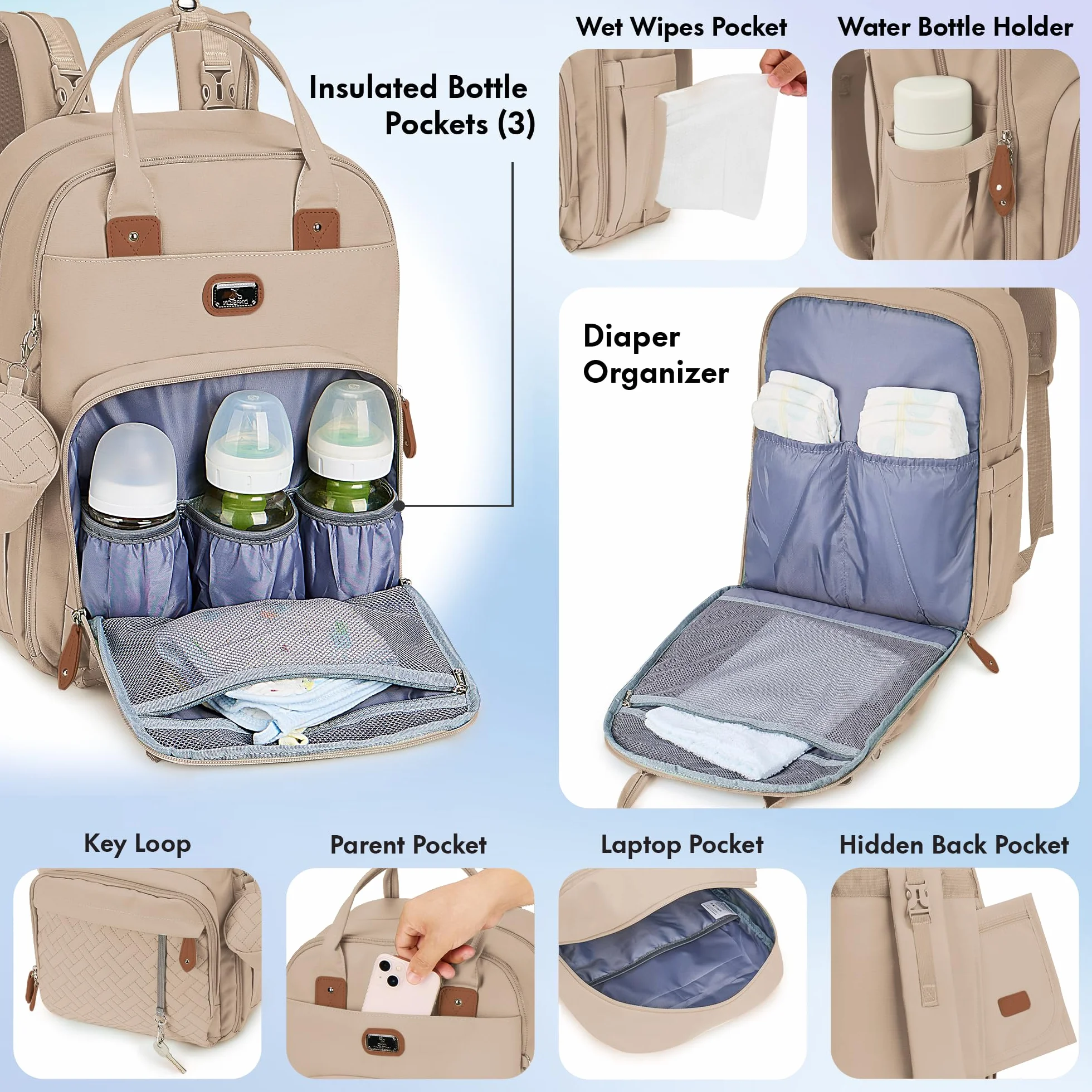 Dikaslon Wickeltasche plecak duży plecak wiklinowy z wielofunkcyjnymi poduszkami dla dzieci i mobilnymi klapami - Schnullerhalter und Kinderwagengurte - dla mamy i taty, rozmiar Einheitsgröße