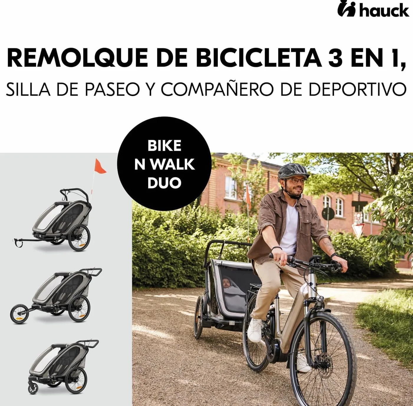 hauck Bike N Walk Duo, Light Grey, przyczepa rowerowa dla dzieci, 2 osoby, 6 miesięcy do 22 kg / 120 cm, kompletny zestaw z akcesoriami, koło do wózka, hamulec ręczny, zawieszenie, oparcie odchylane