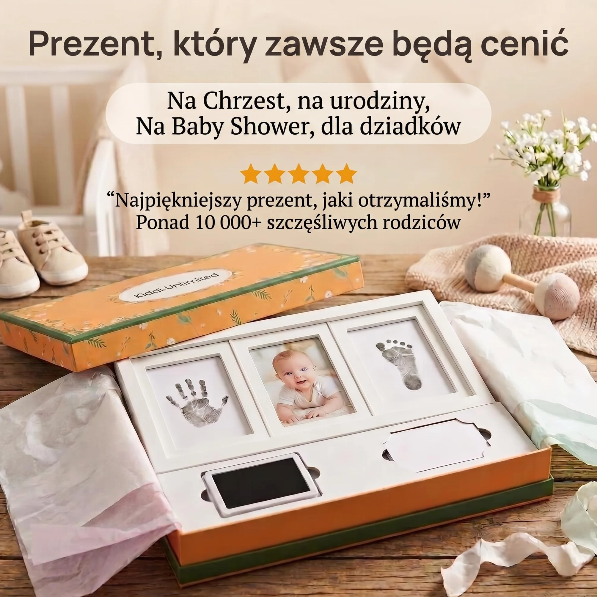 Baby Photo Frame Imprint/Ink Set - ramka na odciski dłoni, stóp i zdjęcia; zestaw upominkowy z okazji narodzin, chrztu, rozstania z dzieckiem itp. 3-częściowy biały (Atrament)
