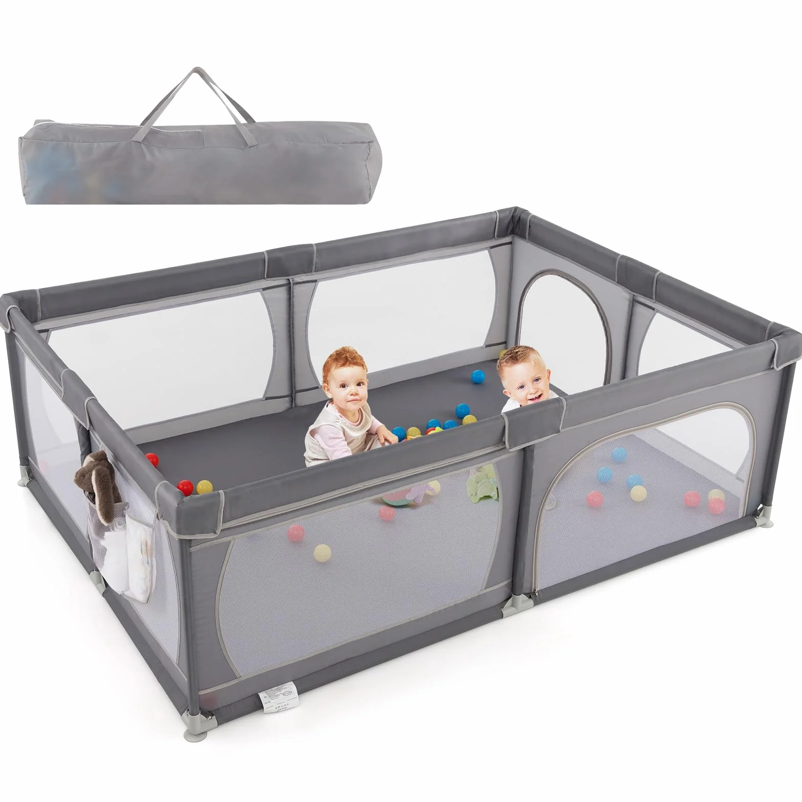LIFEZEAL Baby Park, składany park dla niemowląt 206 x 147 x 68,5 cm, plac zabaw z 50 kolorowymi kulkami, park dla dzieci w wieku 0–3 lata z torbą do przechowywania (ciemnoszary 2)