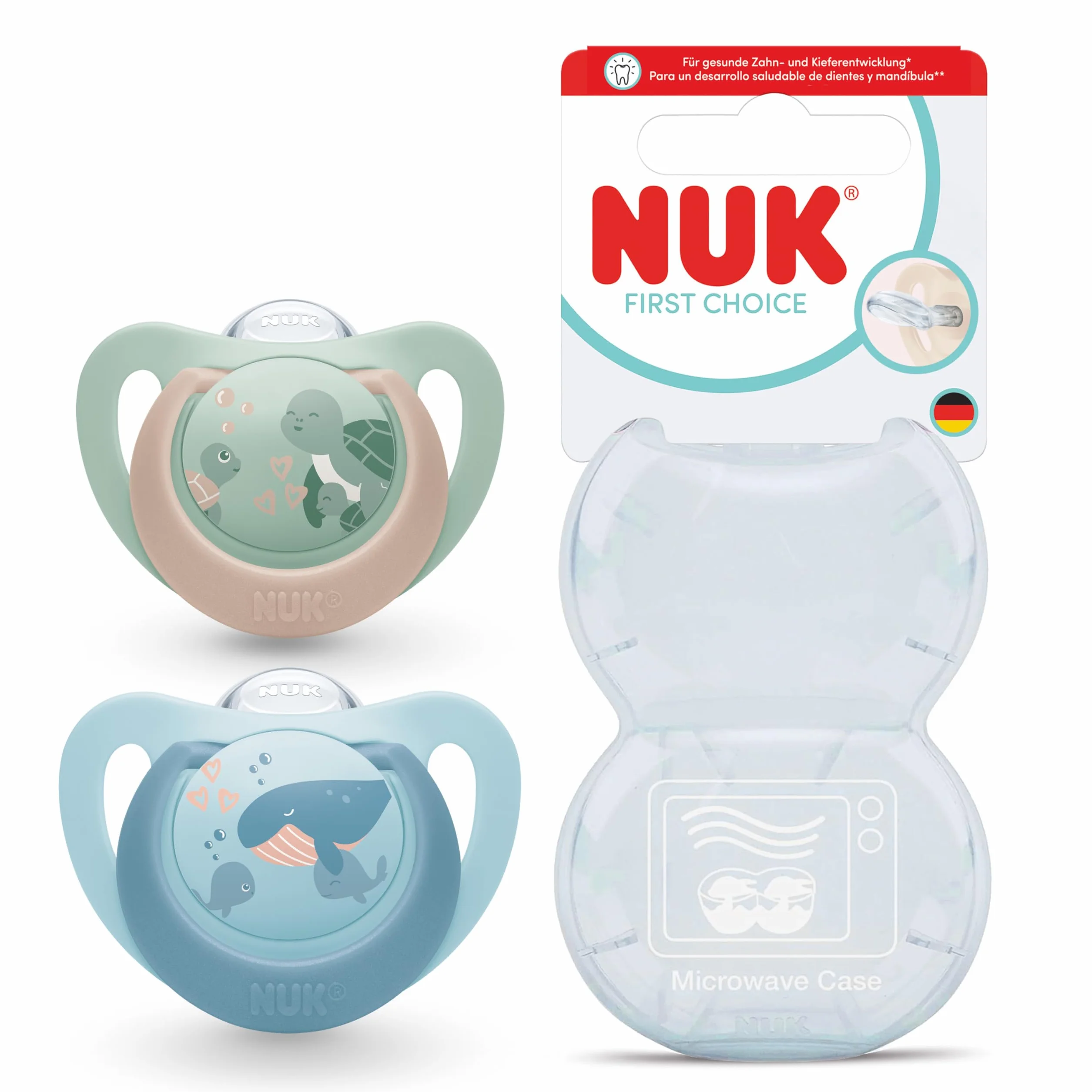 NUK First Choice Smoczki dla niemowląt | 18-36 miesięcy | Ortodontyczne smoczki uspokajające | Uspokajają 99% niemowląt** | Żółw i wieloryb | 2 sztuki