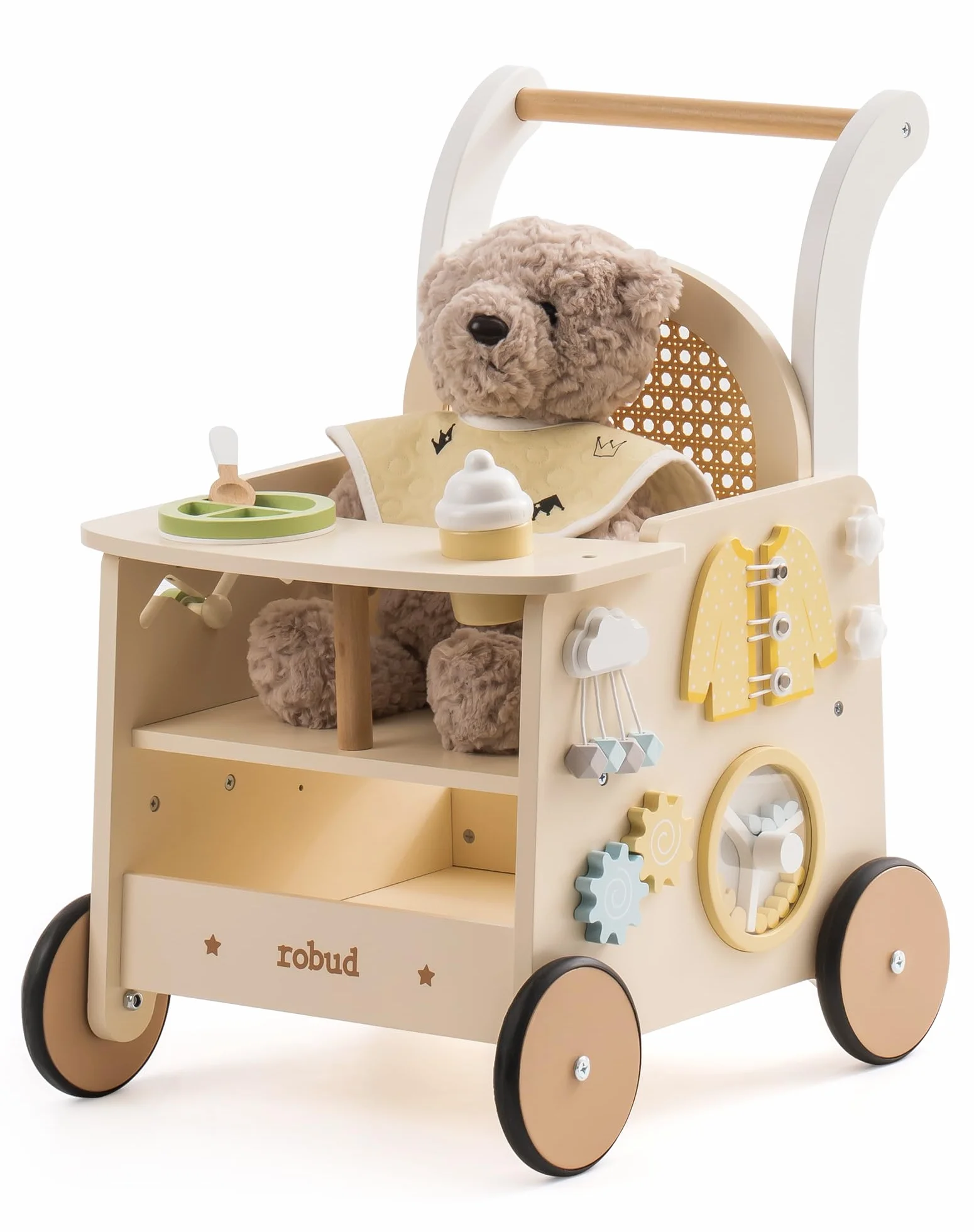 ROBUD Drewniany pomocnik do nauki chodzenia Baby Walker 2 w 1, wózek do nauki chodzenia z Montessori Busy Activity Board, hamulec bezpieczeństwa, zabawka na spacery, prezent