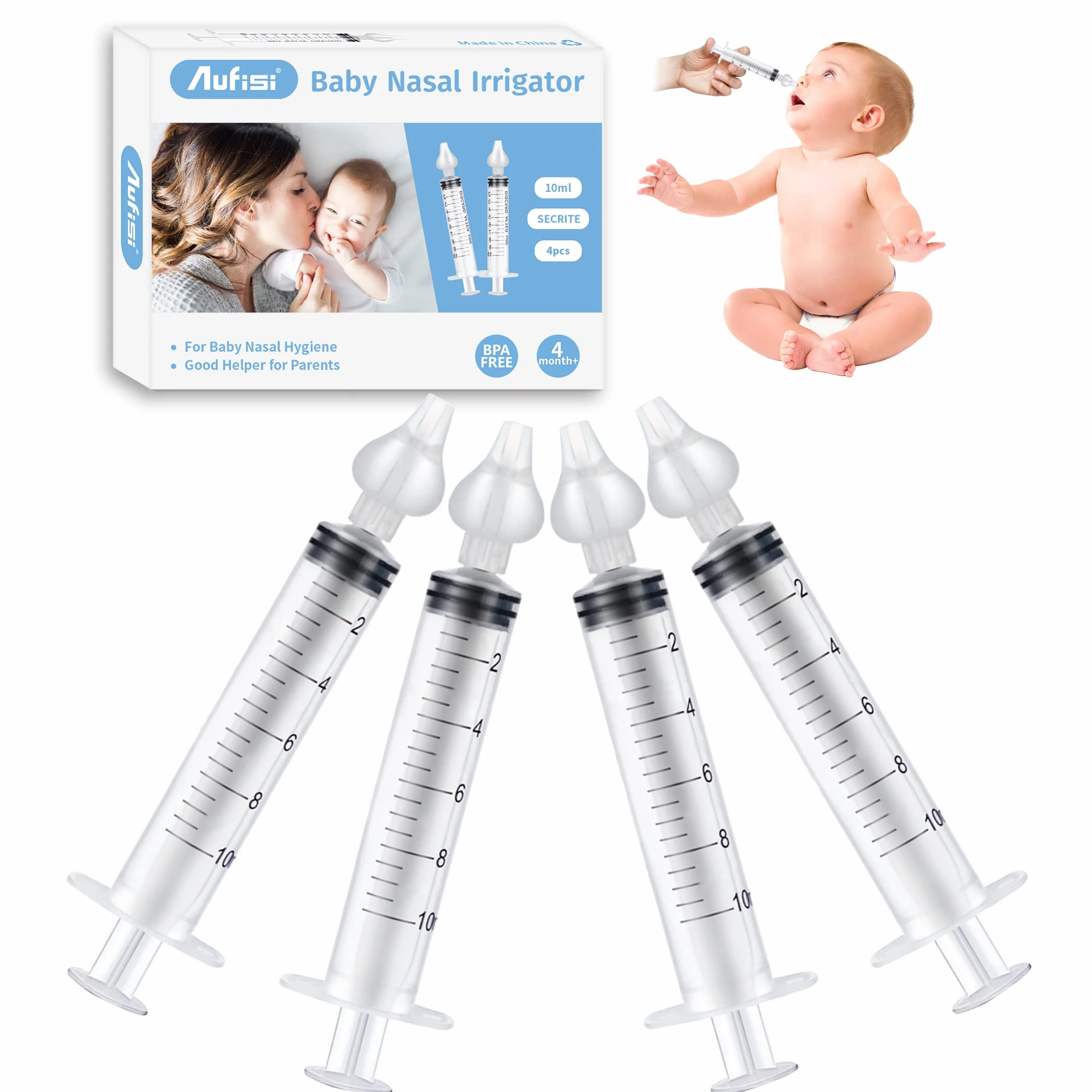 Strzykawka do nos dla niemowląt, 4 sztuki płynu do płukania nosa wielokrotnego użytku, 10 ml, przenośny, z silikonową końcówką ssącą