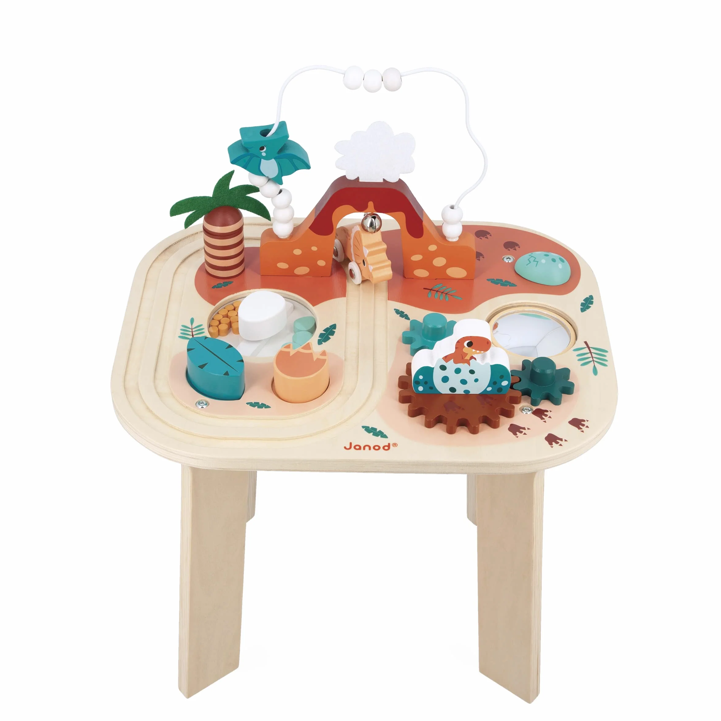 Janod Table Dinosaur-8 zajęć Pierwsza epoka przebudzenia-rozwija umiejętności motoryczne i zręczność-drewniana zabawka FSC-od 12 miesięcy, J05825, Wielokolorowa, Medium