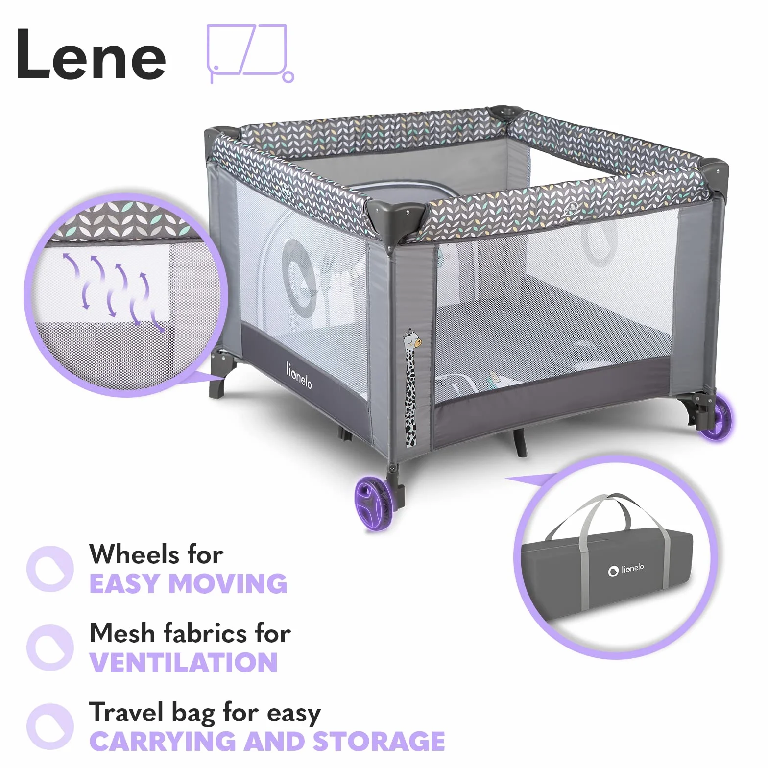 Lionelo Sofie Legowisko Dla Niemowląt, Łóżeczko Podróżne, Dla Niemowląt Od Urodzenia Do 15 Kg, Wejście Boczne, System Lockguard I Blokada Kół, Składana Torba