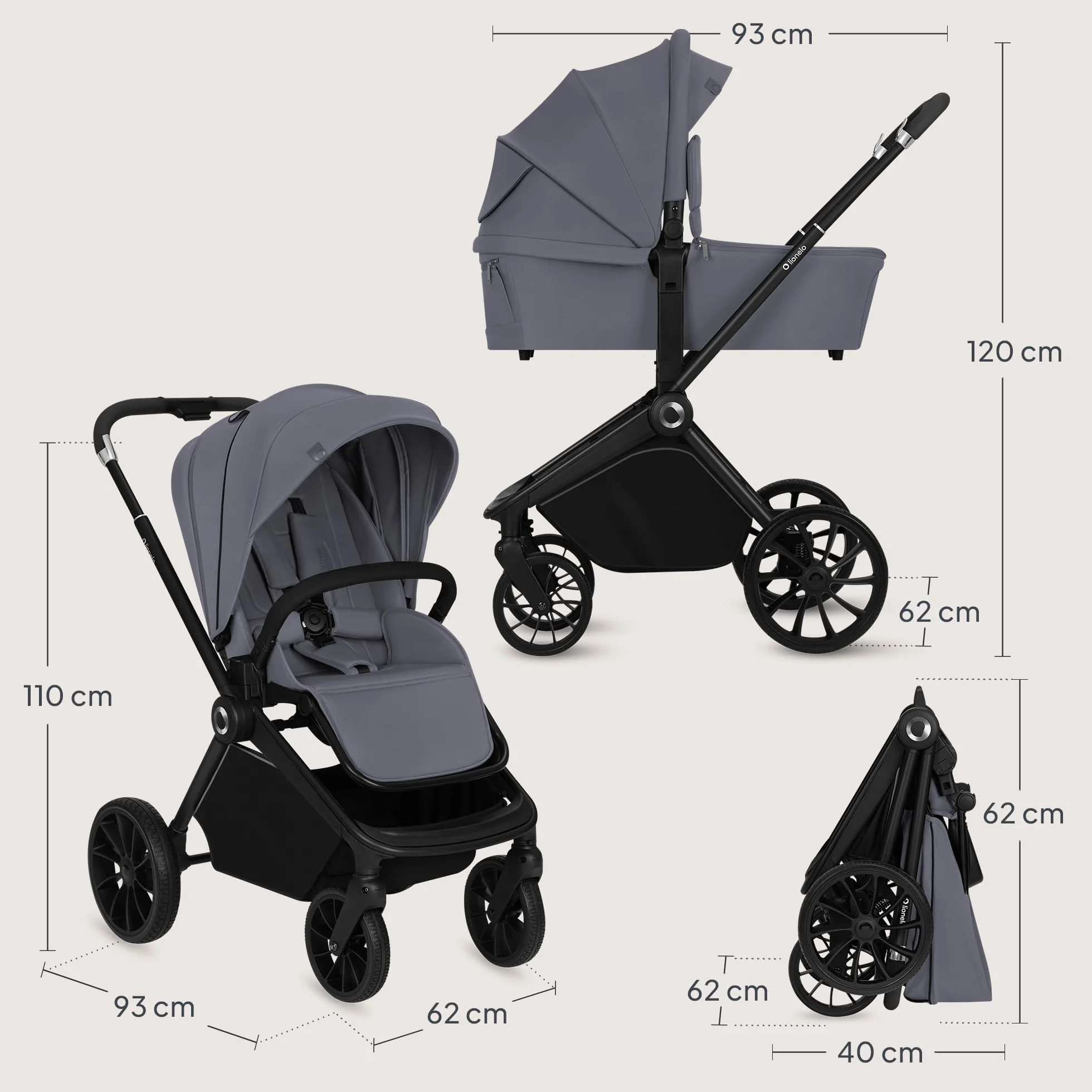 LIONELO MIKA PLUS 3 w 1 Wózek Spacerowy Dziecięcy 0-48 miesięcy do 22 kg Gondola do 9 kg Fotelik Samochodowy Nosidło do 13 kg, Regulacja Oparcia, Amortyzacja, Koła 360° Budka XXL (Szary)