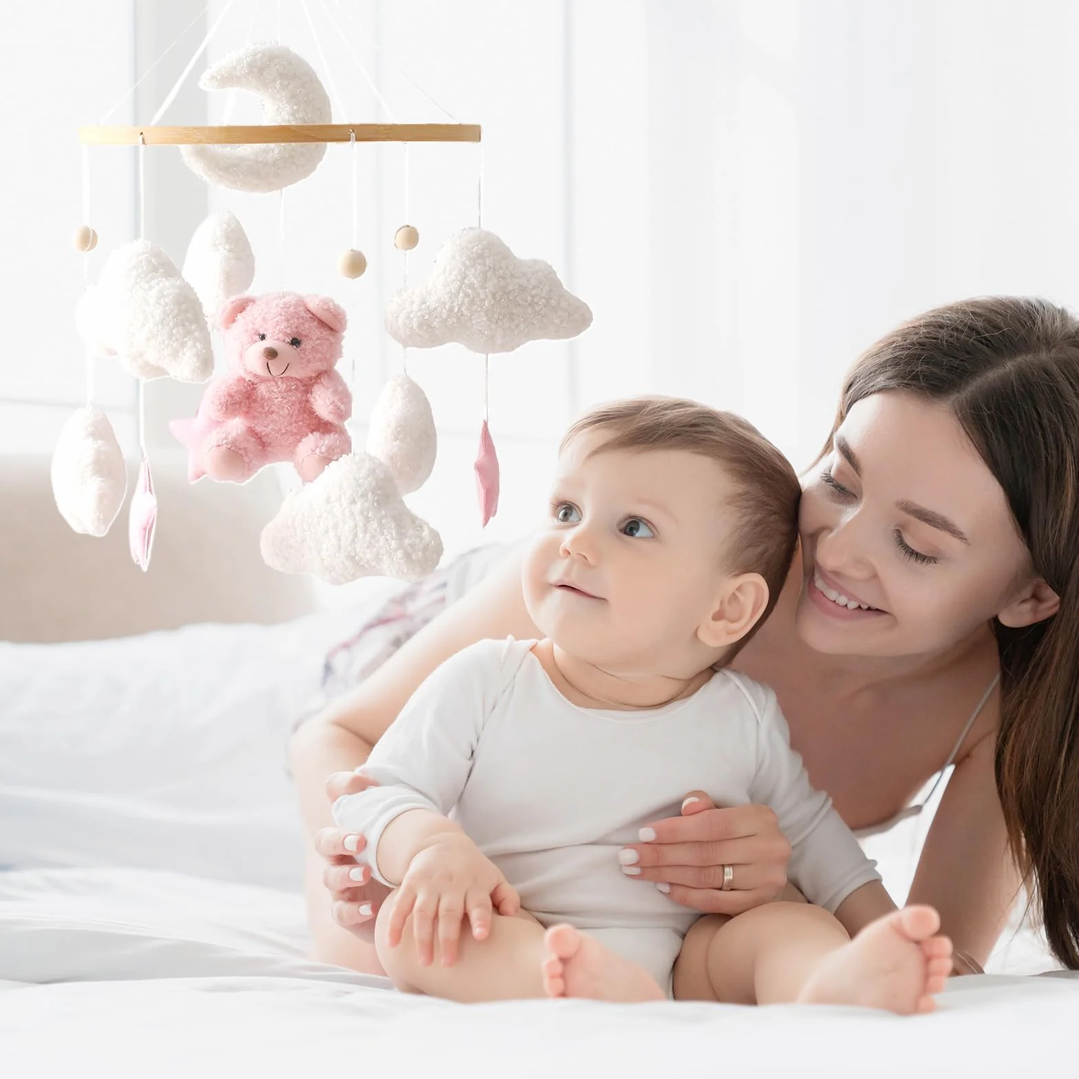 Herfair Mobile Baby Dzwonek do łóżeczka dziecięcego pluszowy miś drewniany różowy