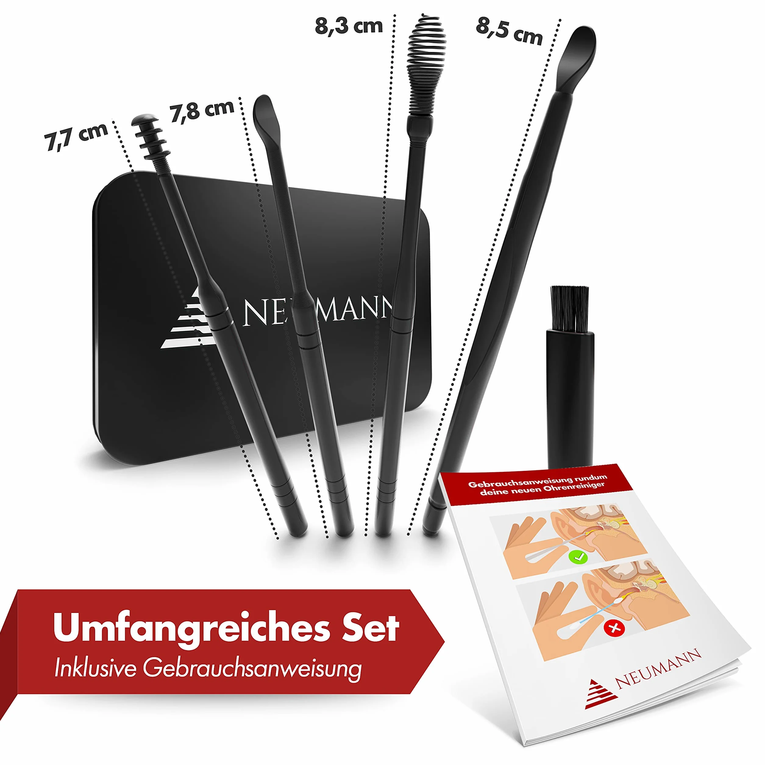 NEUMANN® Zestaw do czyszczenia uszu wielokrotnego użytku – stal nierdzewna – poręczne pudełko do przechowywania (pętla, spirala i łyżka w kształcie łyżki), wysokiej jakości środek do usuwania