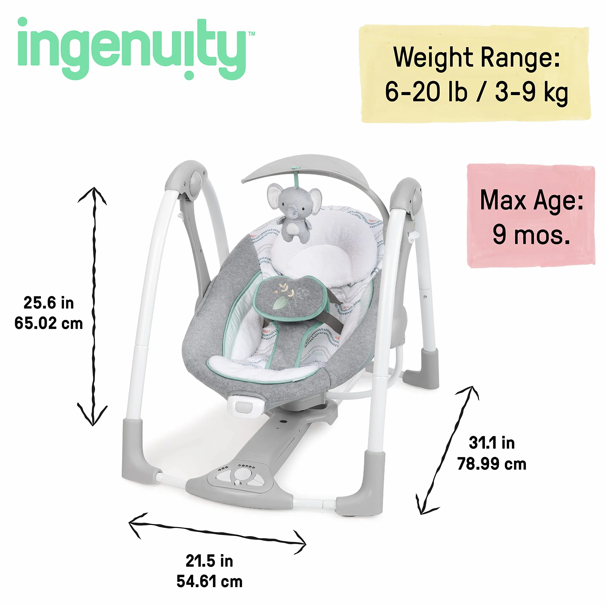 Ingenuity Huśtawka dziecięca 2 w 1 elektryczna przenośna wibracje odgłosy natury 0-9 miesięcy 9 kg