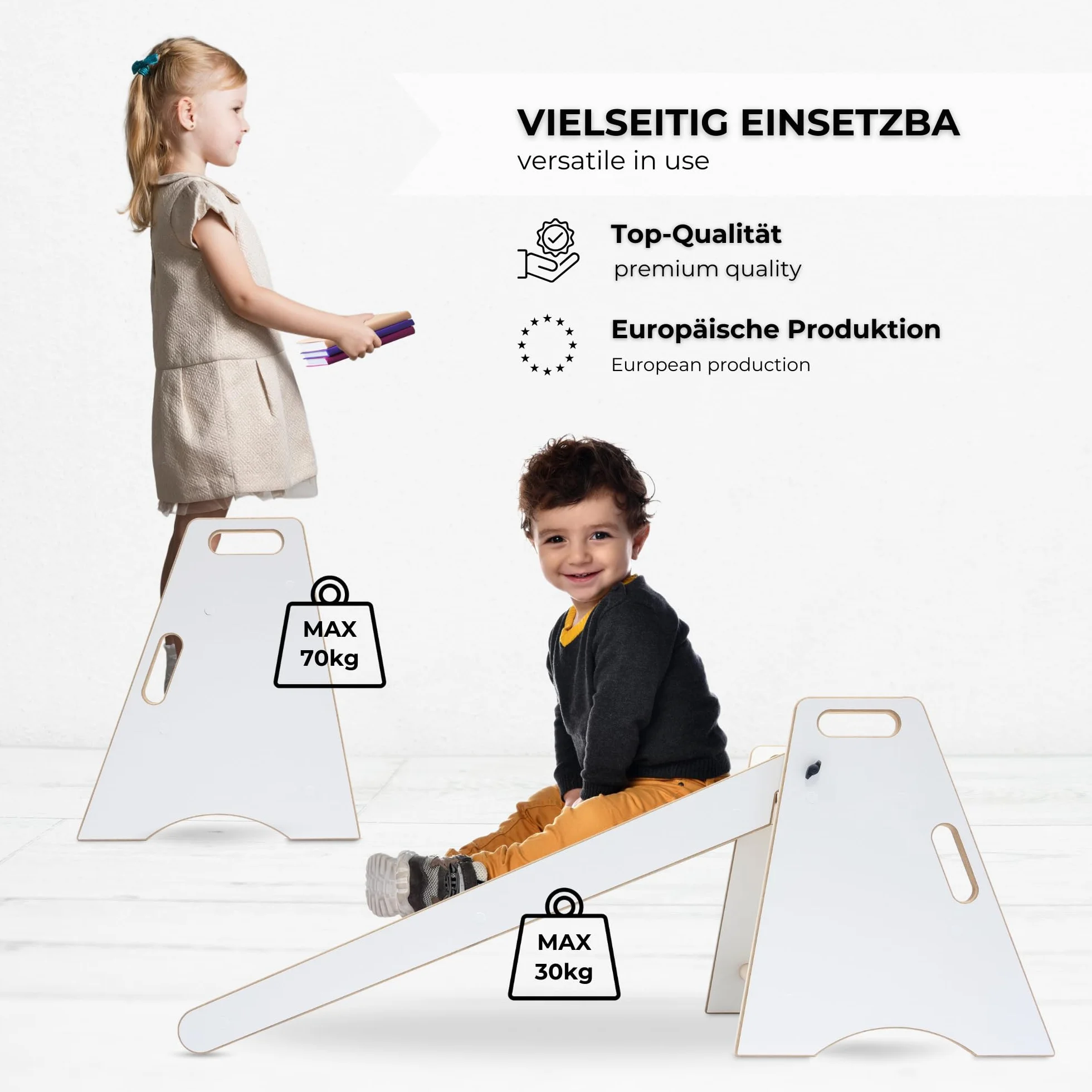 MAMOI Zjeżdżalnia dziecięca 2 w 1 - drewniana zjeżdżalnia i taboret ze schodkami