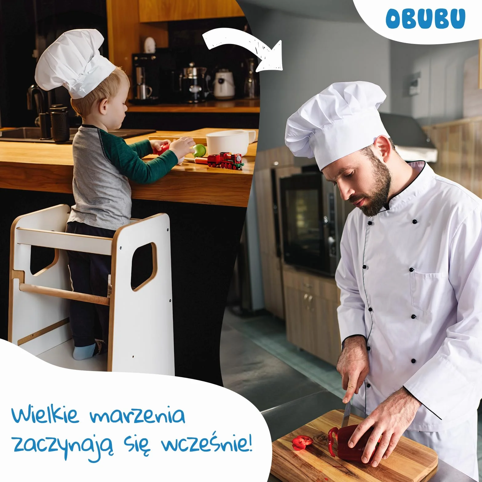 Pomocnik Kuchenny dla Dzieci - Wieża Montessori - Podest do Kuchni dla Dzieci od 1 Roku - z 2 Stopniami & Regulowaną Wysokością Podestu - Biały