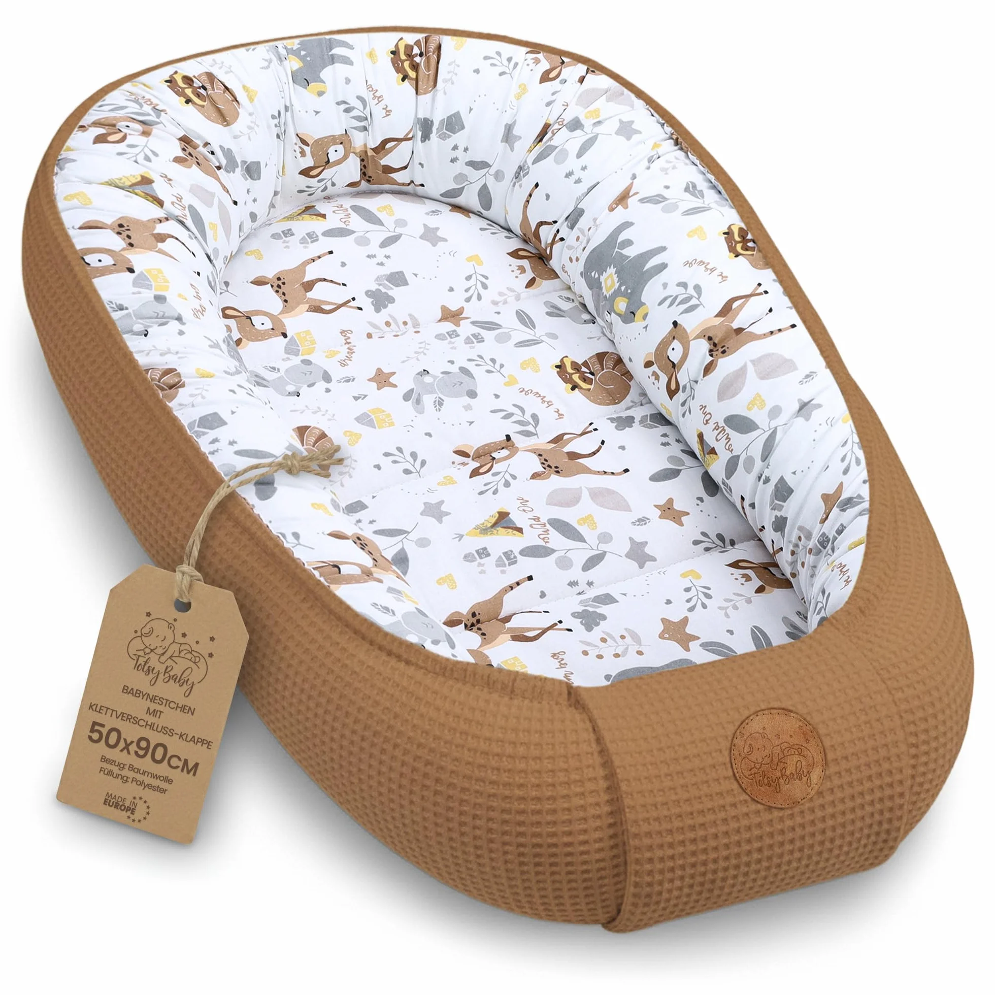 Ochraniacz niemowlęcy Babynest 90x50 cm - kokon Ręcznie robiony dwustronny bawełniany wafel z babynest jeleń brązowy
