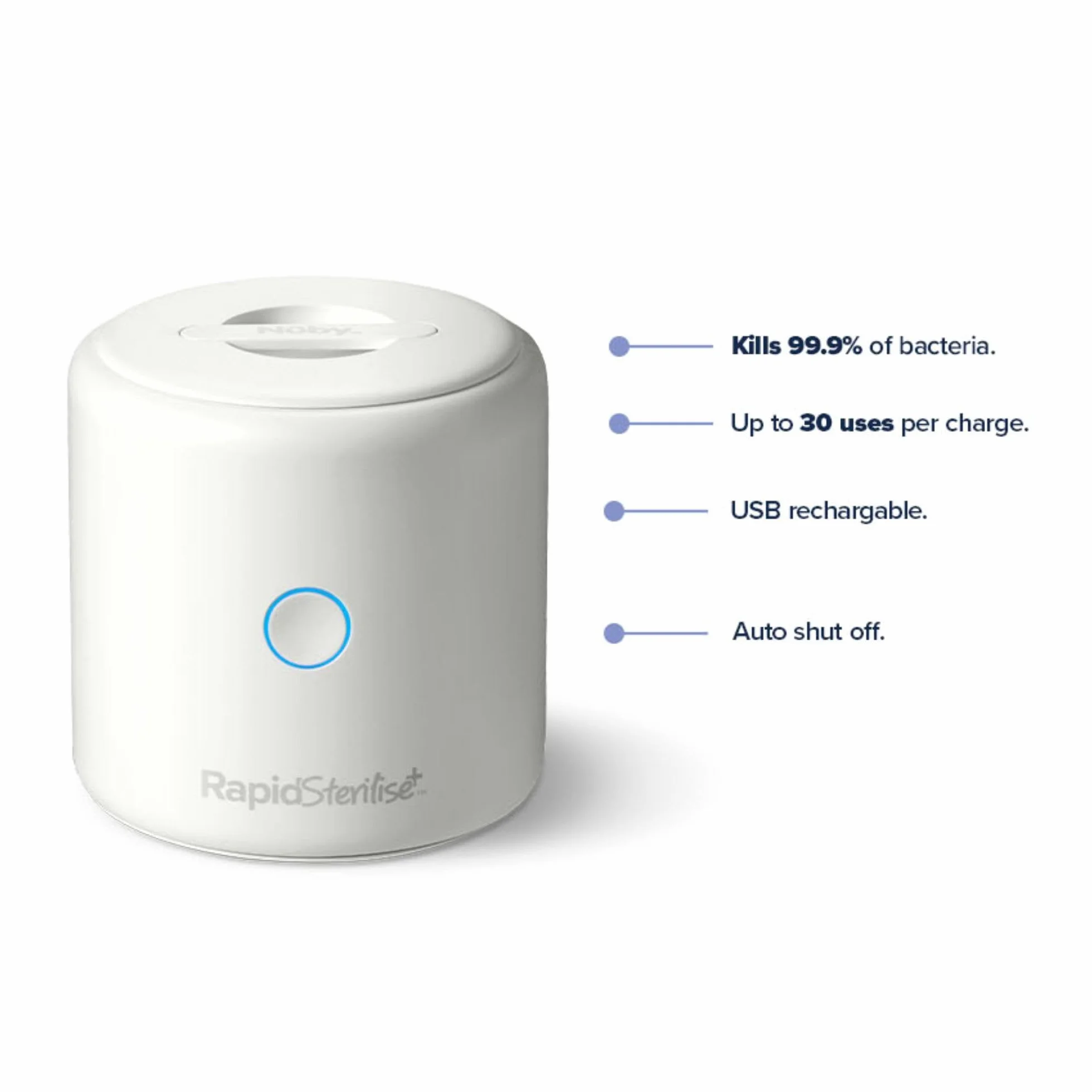 Nuby RapidSterilise+ przenośny sterylizator UV dla niemowląt, 30 zastosowań na ładowanie, USB, automatyczne wyłączanie