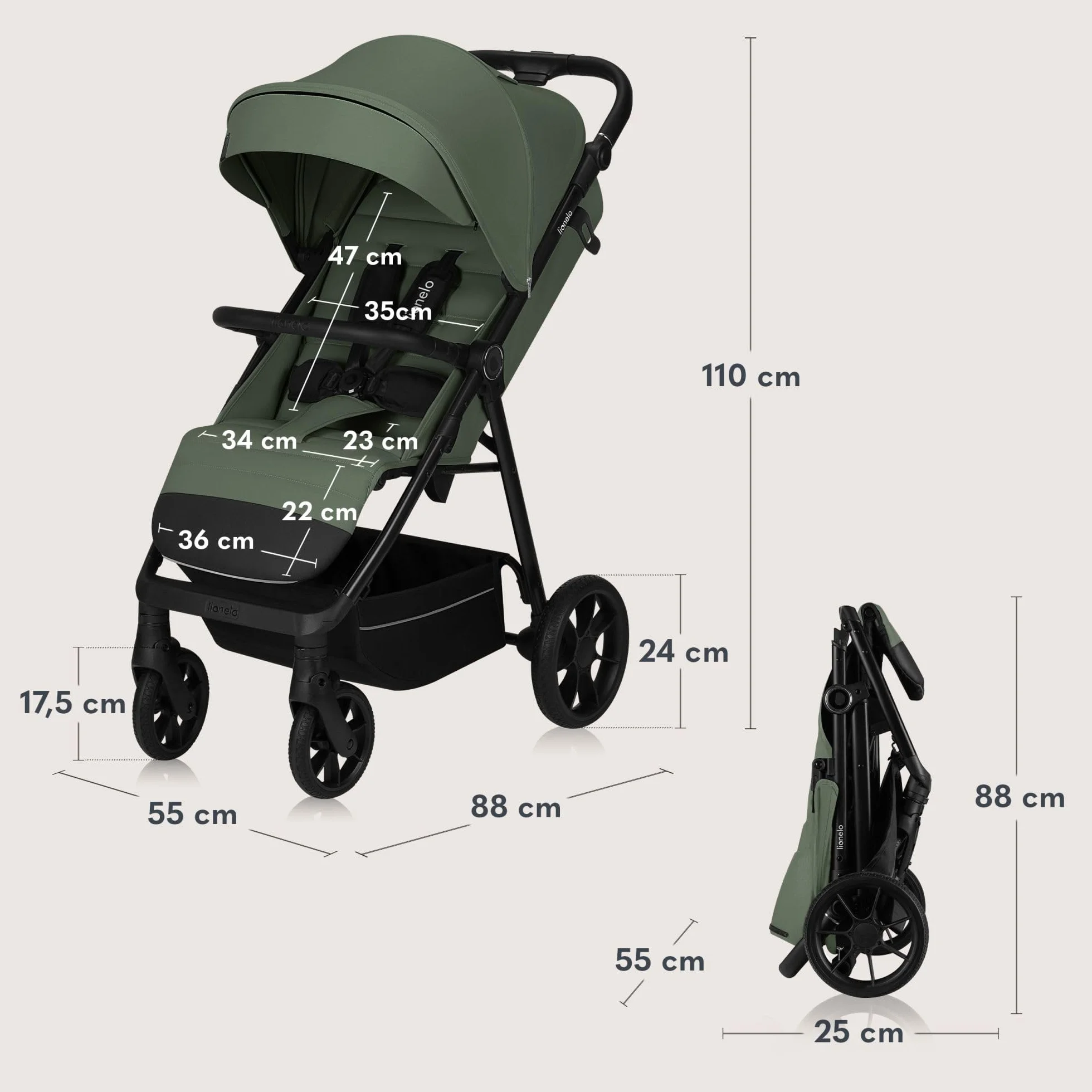 LIONELO IVA Spacerowy Wózek Dziecięcy do 22 kg od 6 m do 4 lat Obrotowe Koła 360° Pełna Amortyzacja Regulacja Rączki Oparcia i Podnóżka Daszek XXL UPF50+ Materiał Premium