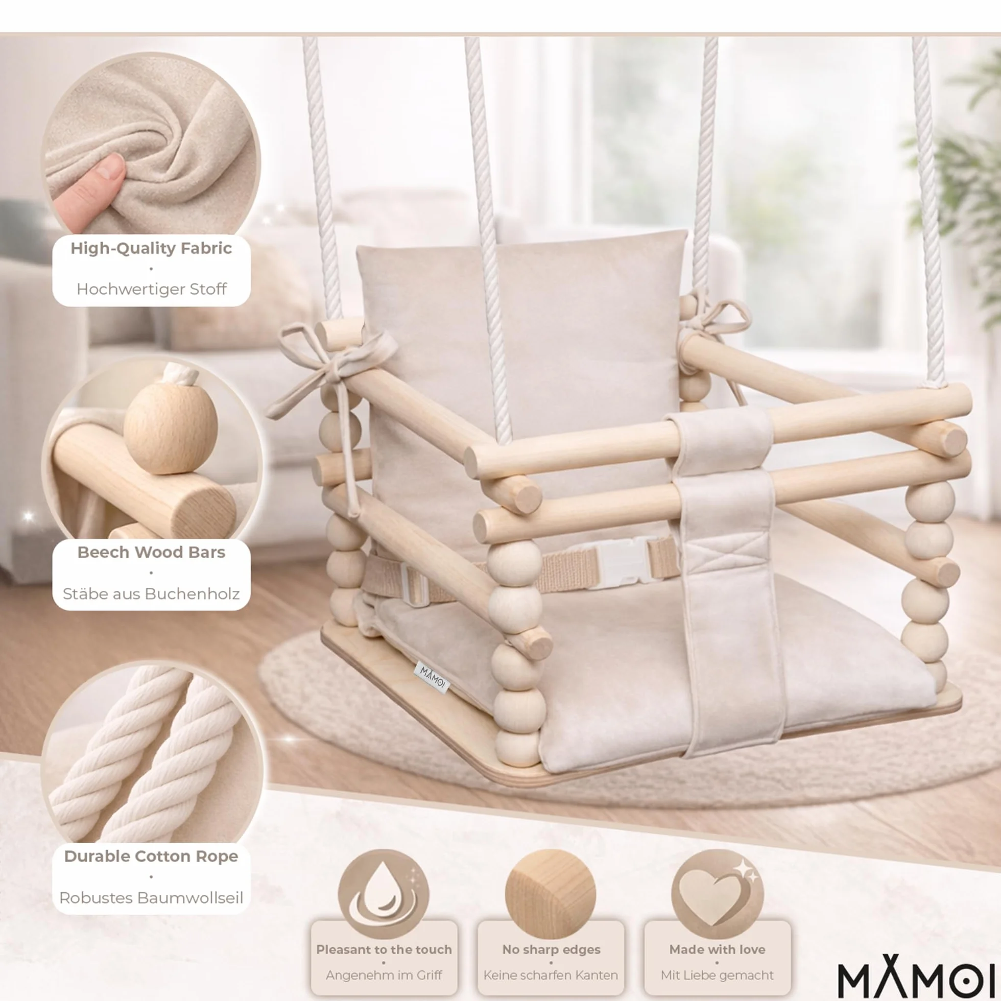 MAMOI® Huśtawka dziecięca 3 w 1 + PAS BEZPIECZEŃSTWA | Regulacja wysokości 190-260cm | Drewniana huśtawka dla dzieci | Wewnętrzna huśtawka dla dzieci do domu | CE | 100% ECO | Wyprodukowano w UE