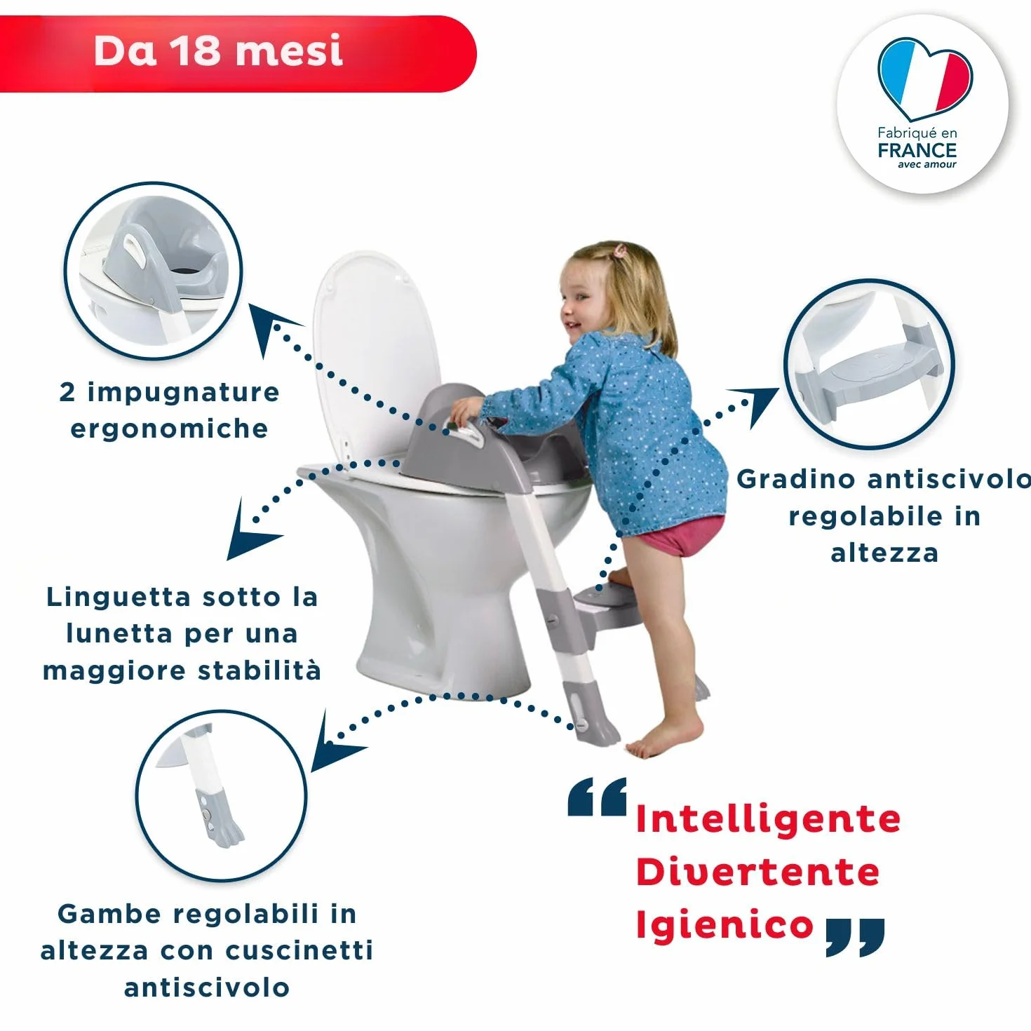 THERMOBABY - Reduktor toalety dla dzieci - Kiddyloo - Sprytna, zabawna i higieniczna - Regulowane nóżki, antypoślizgowy stopień - kompaktowe składanie - od 18 miesięcy - Made in France - Szary