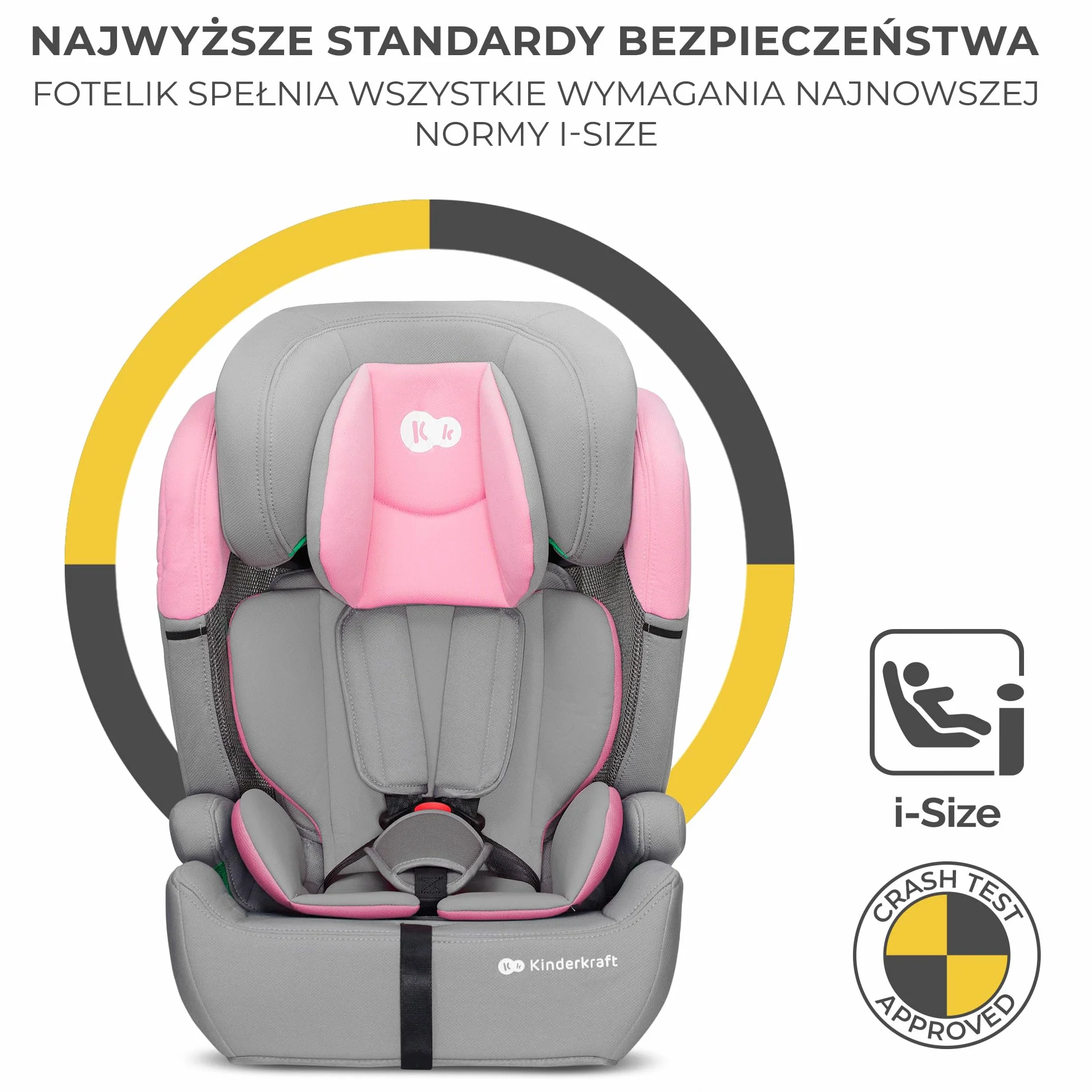 Kinderkraft COMFORT UP Fotelik samochodowy i-Size, Regulowany zagłówek, Poddany testom zderzeniowym, Systemy bezpieczeństwa, Wkładka dla najmłodszych, Norma R129, Grupa ECE I/II/III 9-36 kg, Różowy