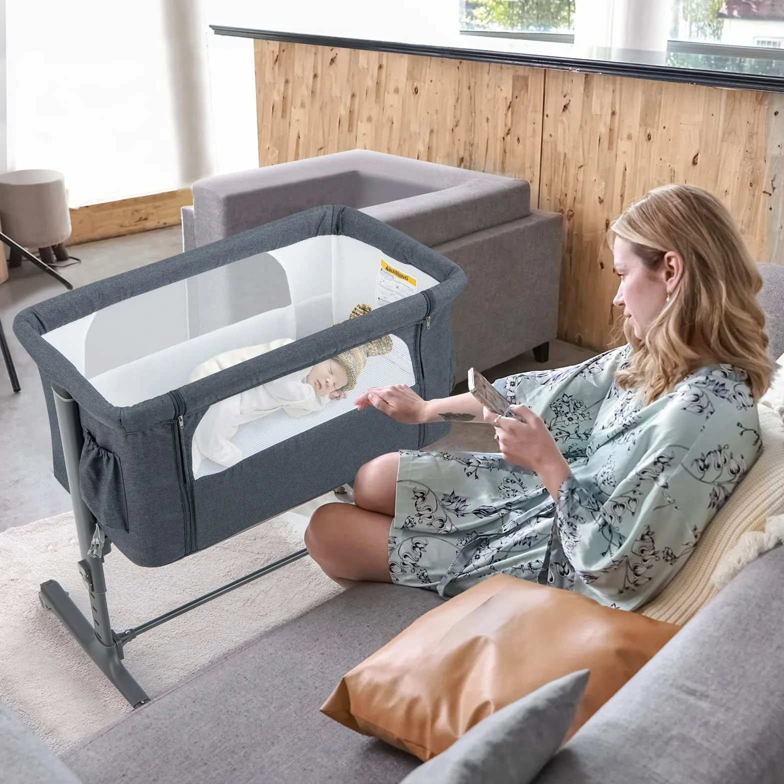 COSTWAY 3 in 1 Bassinet & Cradle & Travel Cot, 5-stopniowe łóżeczko dziecięce z regulacją wysokości, nachylenie 10°, łóżeczko z materacem, torba transportowa (ciemnoszary)