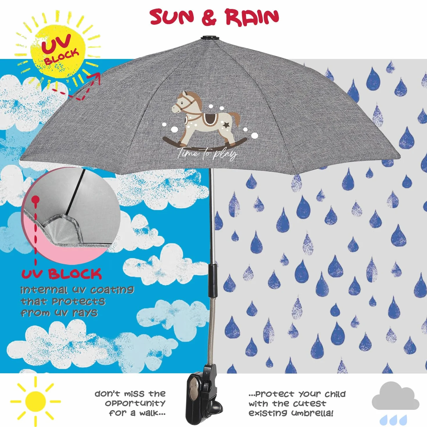 PERLETTI Uniwersalna Parasolka Przeciwsłoneczna do Wózka Anti-UV 50+ - Parasol Słońce Deszcz dla Niemowląt Dzieci - Mini Parasolka Ręczna do Wózka Dziecięcego Szara - Średnica 68 cm (Koń na Biegunach)