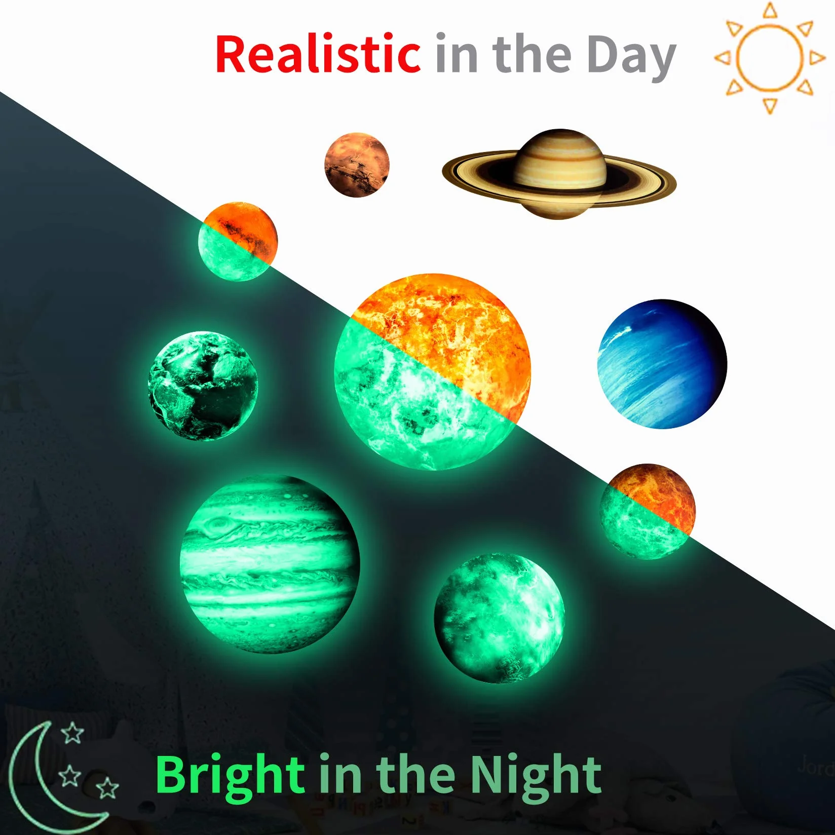 Yosemy 9 planet naklejki ścienne świecące + świecące gwiazdy, tatuaż ścienny, układ słoneczny, gwiazdy, fluorescencyjne naklejki ścienne do pokoju dziecięcego, dekoracyjne naklejki