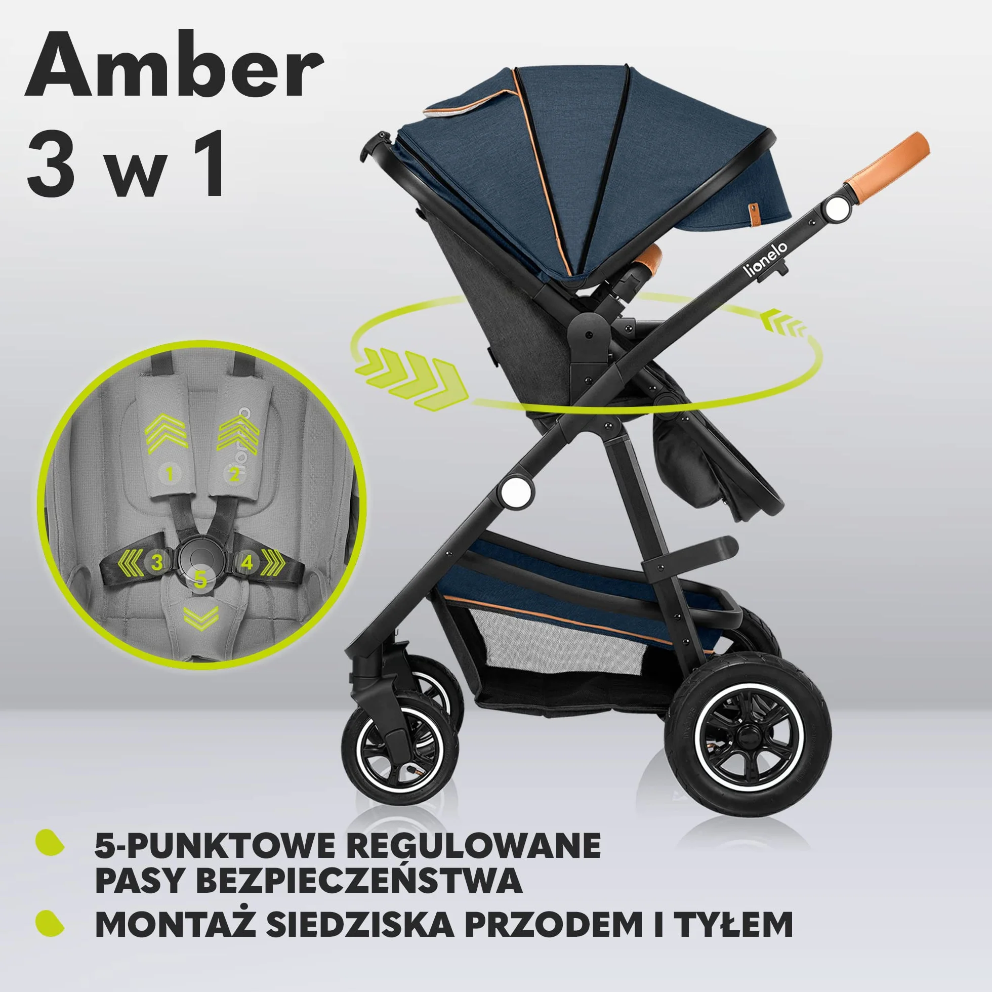 LIONELO Amber wózek spacerowy 3 w 1 do 22kg, montaż siedziska przodem lub tyłem do kierunku jazdy, pozycja leżąca, bezobsługowe koła PU, pokrowiec na gondolę i na spacerówkę, fotelik samochodowy (Granatowy)