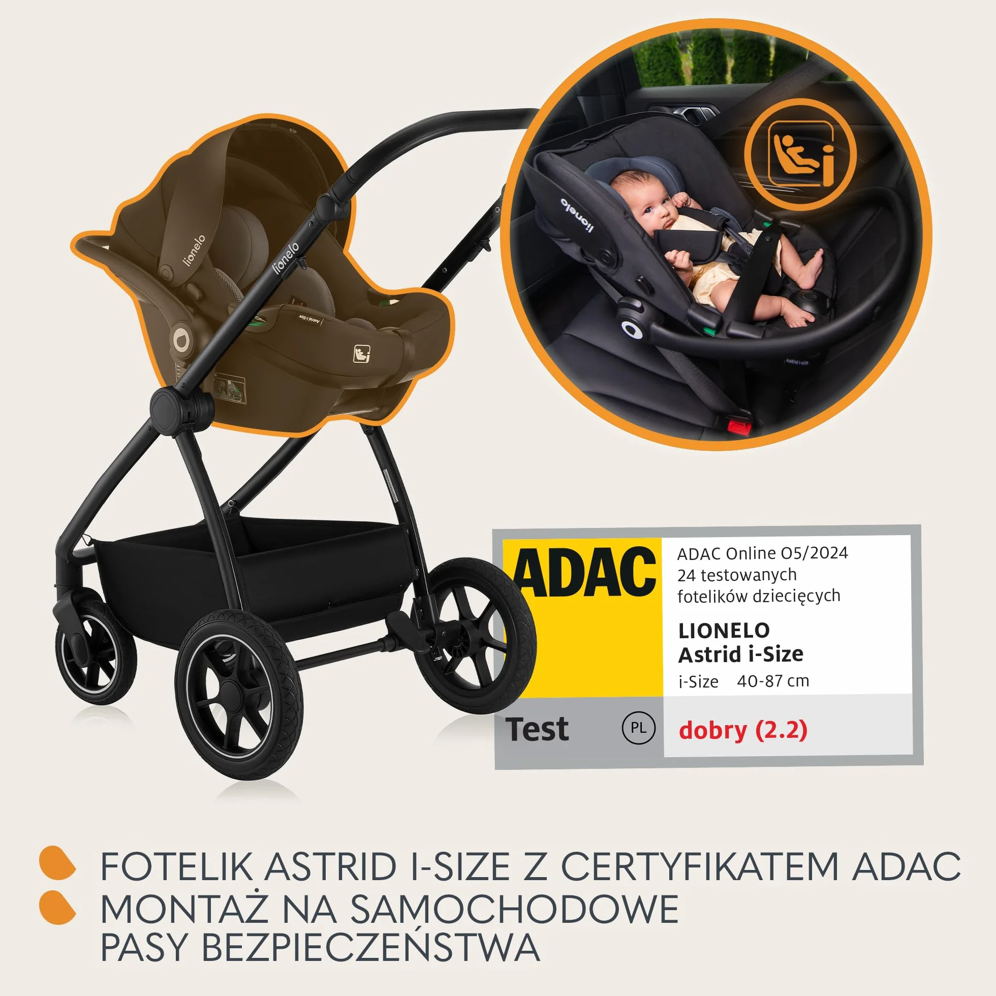 LIONELO MERIL 3 in 1 Wielofunkcyjny Wózek Dziecięcy 0-48 Miesięcy Do 22 Kg, Gondola Do 9 Kg, Fotelik Samochodowy Do 13 Kg, Koła Terenowe 360°, Pełna Amortyzacja, Budka XXL UPF50+ (Beżowy)