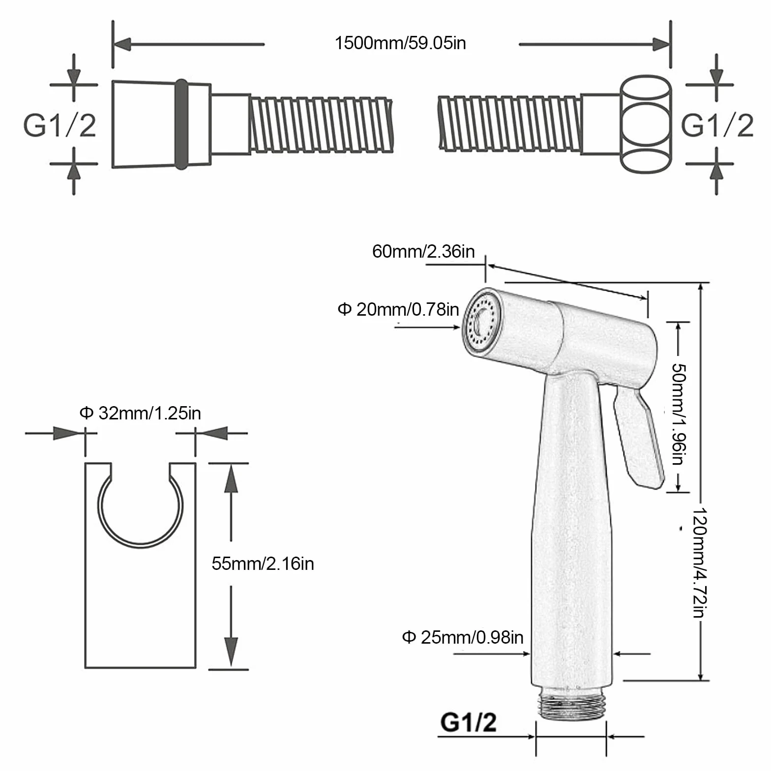 Ręczny opryskiwacz bidetowy SUS304 ze stali nierdzewnej z wężem prysznicowym, przenośny zestaw opryskiwaczy bidetowych G1/2", polerowany adapter do kranów, głowica prysznicowa do czyszczenia toalety,