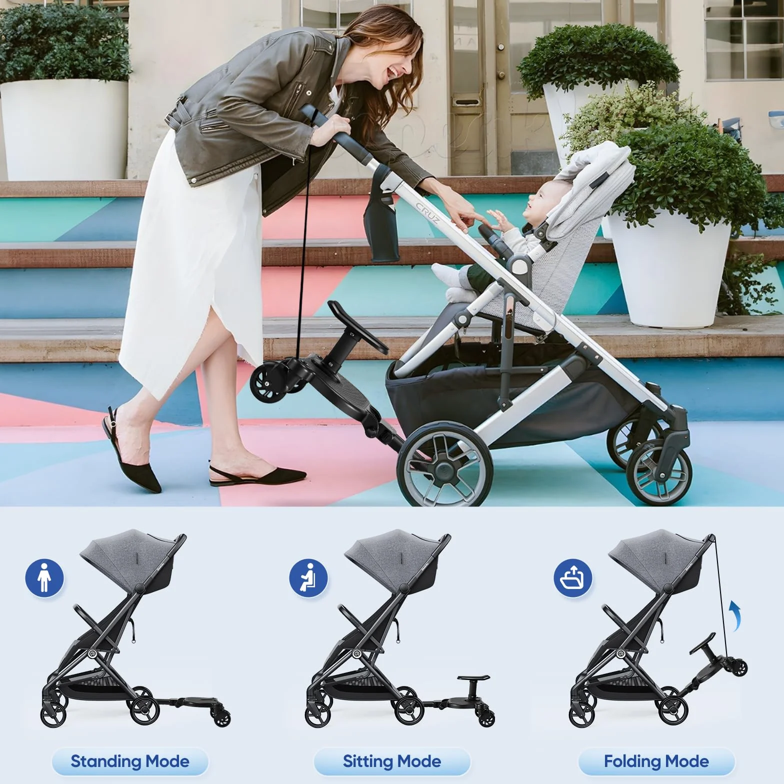 Deska buggy uniwersalna z siedziskiem i torbą organizera, kompatybilna z wózkami, udźwig 25 kg