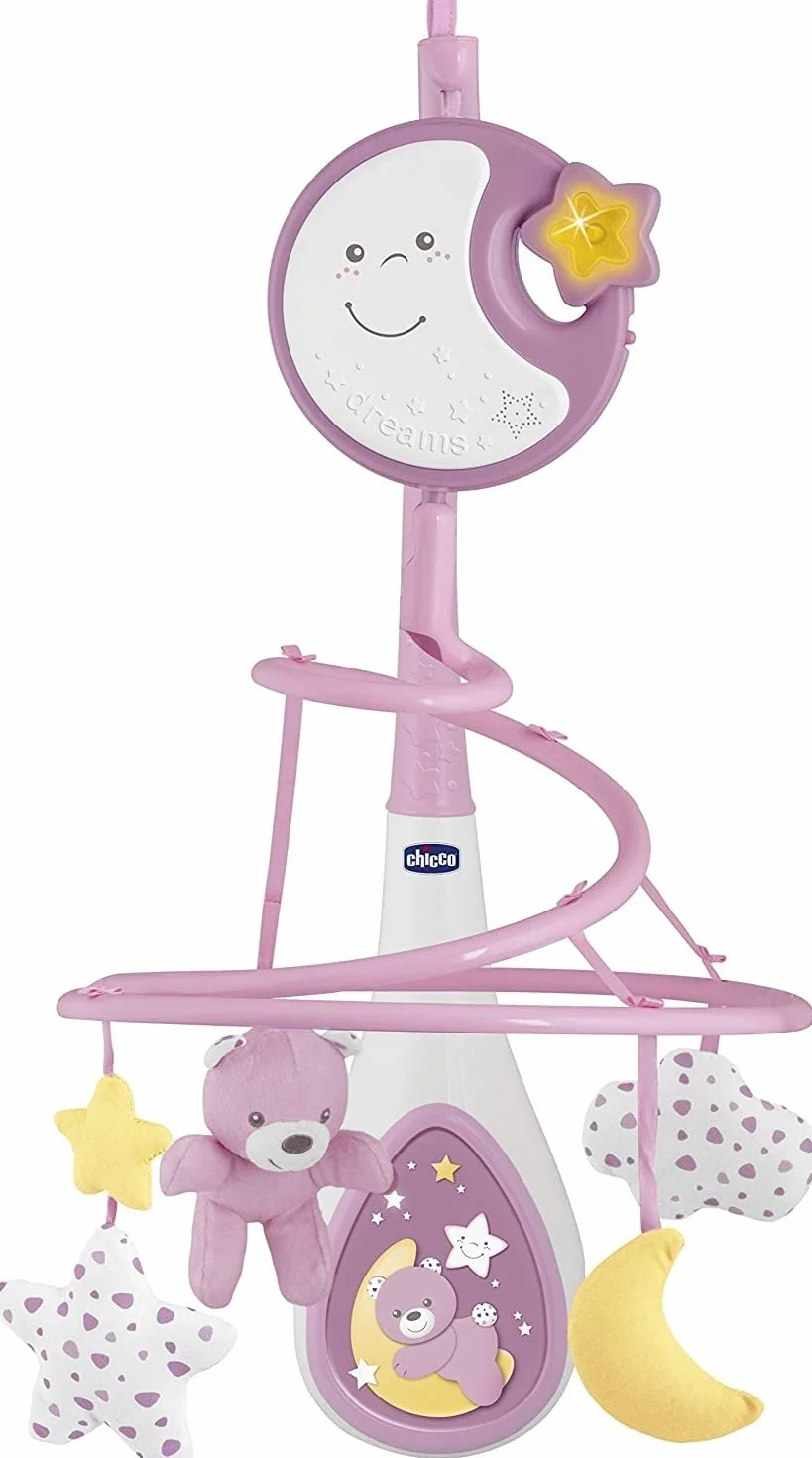 Chicco Karuzela dla Noworodka Next2Dreams z Elektroniczną Karuzelą do Łóżeczka i Gondoli, Kompatybilna z Łóżeczkiem Chicco Next2Me, z Efektami Dźwiękowymi, Łagodne Światła, Muzyka - 0+M, Różowa