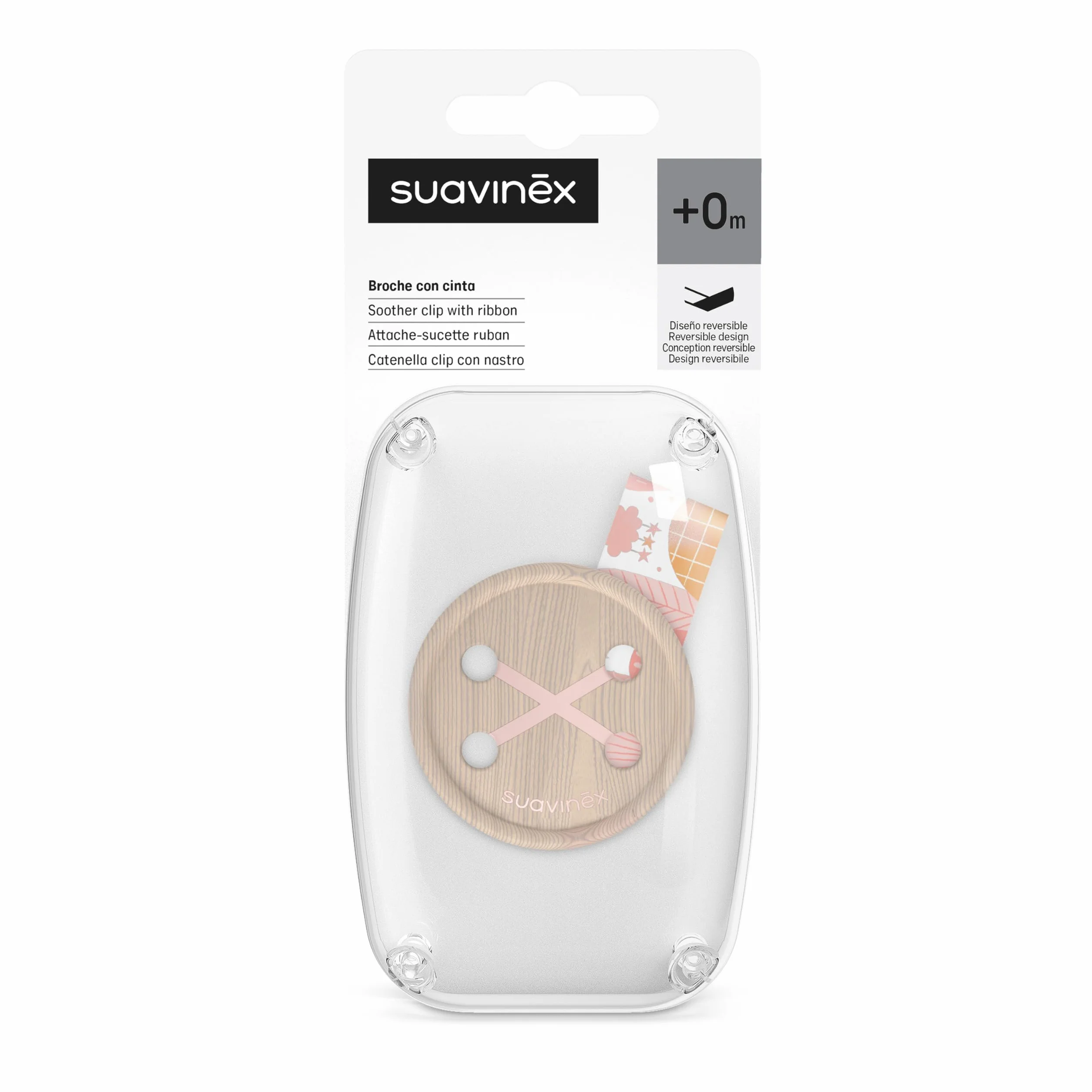 Suavinex, Opaska na smoczek z wstążką. Łańcuszek na smoczek ze wstążką tekstylną, o dwustronnej konstrukcji. Wiązanie smoczka dla niemowląt i noworodków, +0 miesięcy. Różowe marzenia