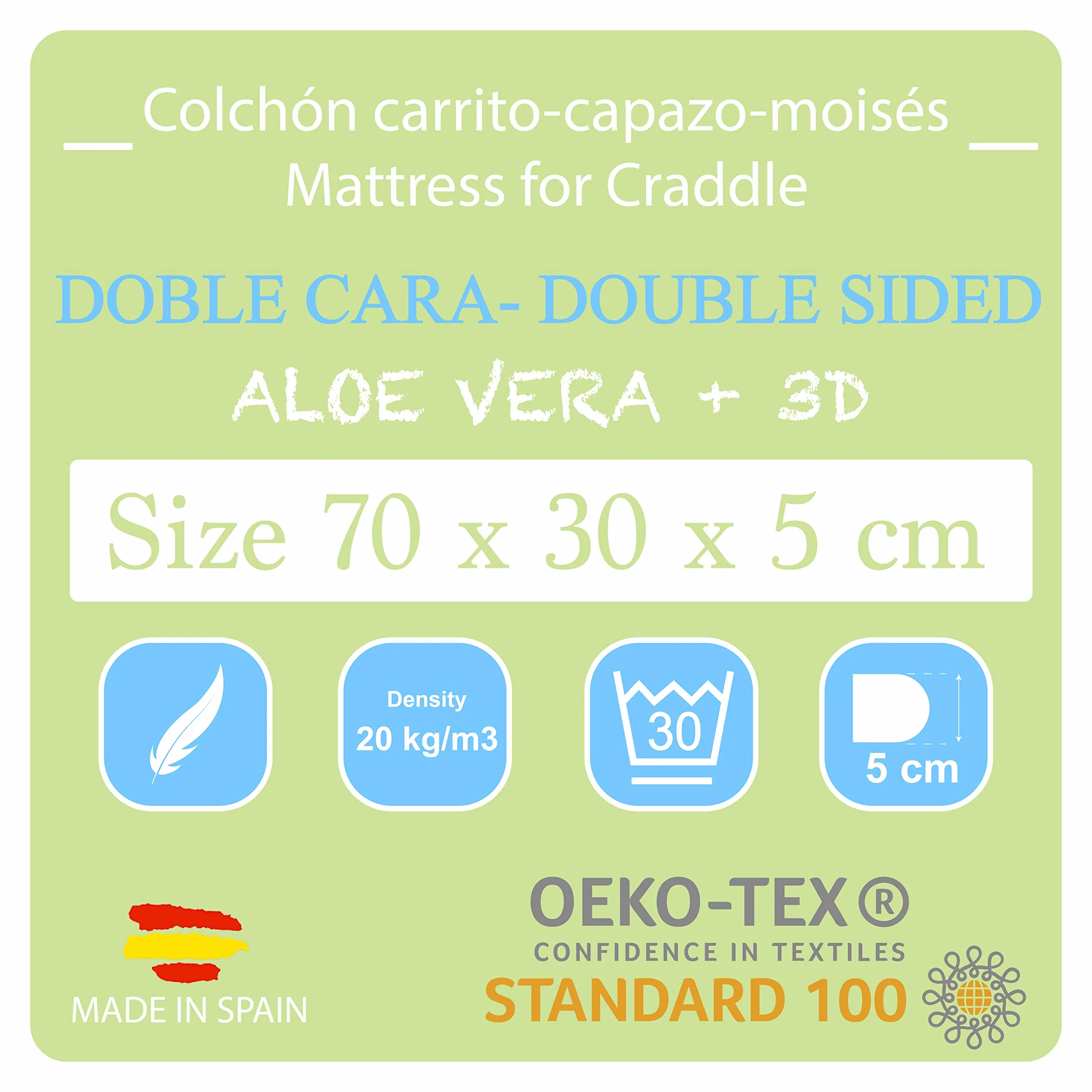 PEKITAS Uniwersalny owalny materac 70 x 30 cm gondola wózek Moises wysokość 5 cm dwustronna oddychająca poszewka na poduszkę nadającą się do prania