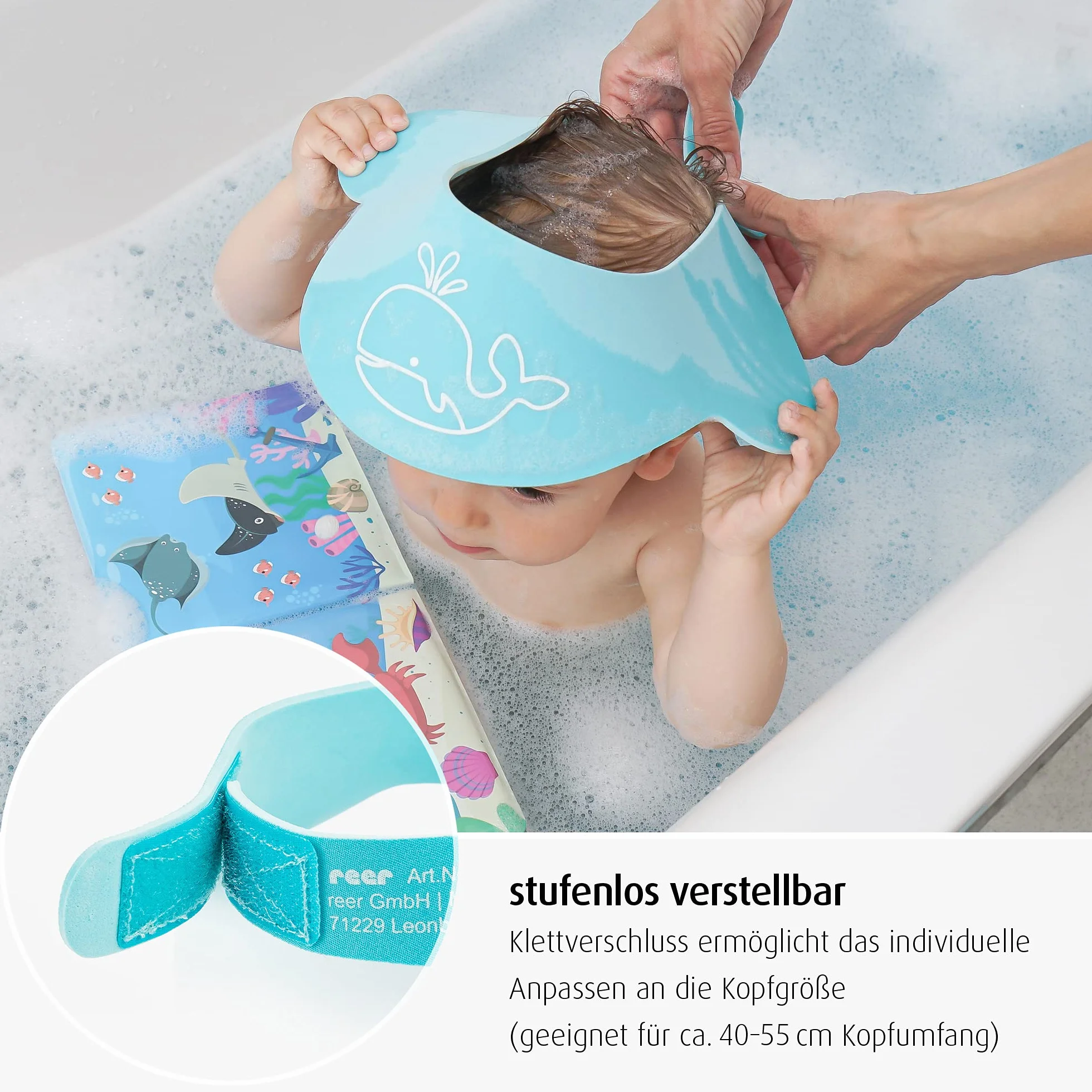 Reer 76043 MyHappyBath Cap szampon ochronny, chroni Twoje dziecko przed łzami podczas mycia włosów, bezstopniowa regulacja, niebieski, obwód głowy 40-55 cm