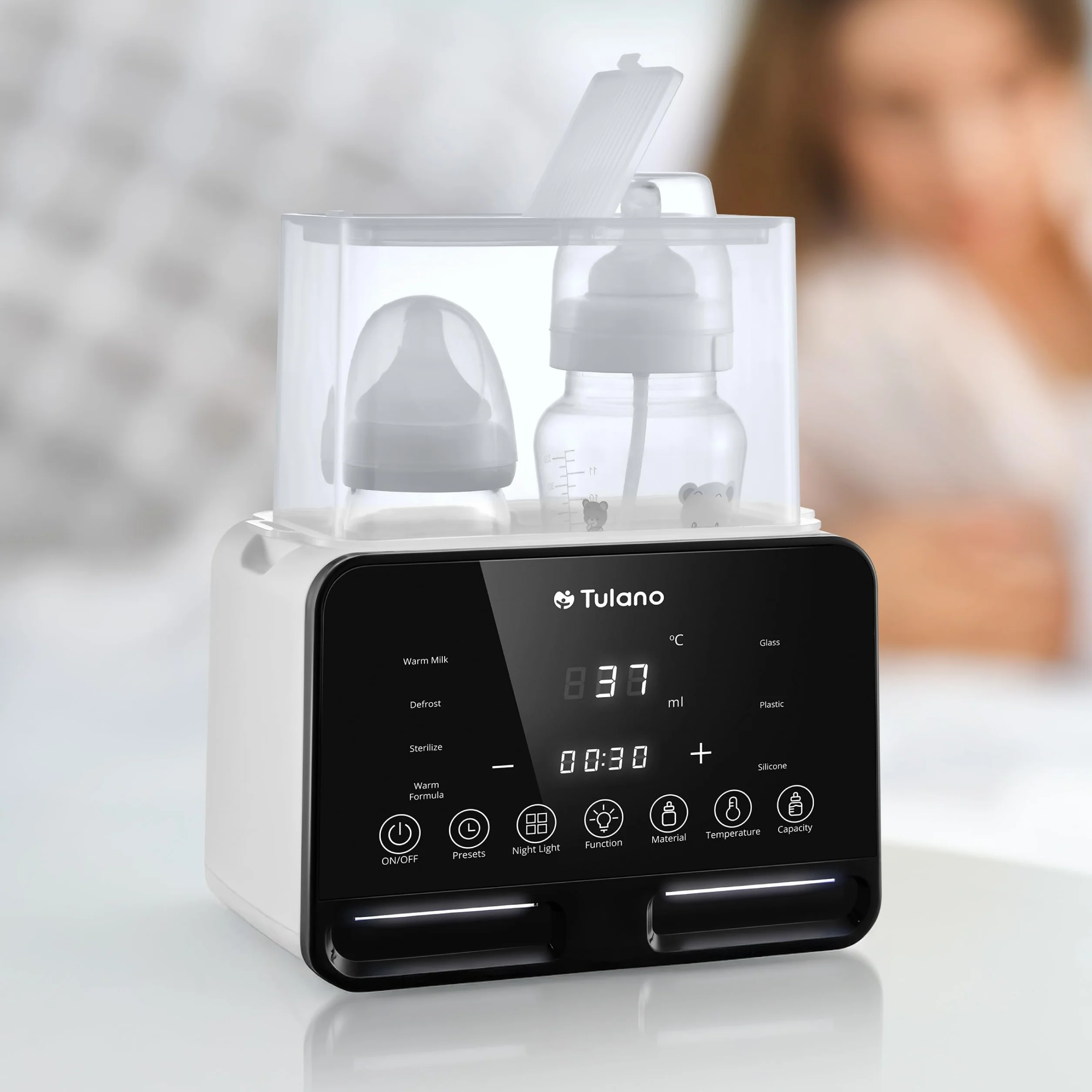 Tulano Ellie 45 podwójny podgrzewacz do butelek dla niemowląt 7 w 1 | sterylizator | lampka nocna | ekran dotykowy LCD | utrzymanie temperatury | uniwersalny do butelek