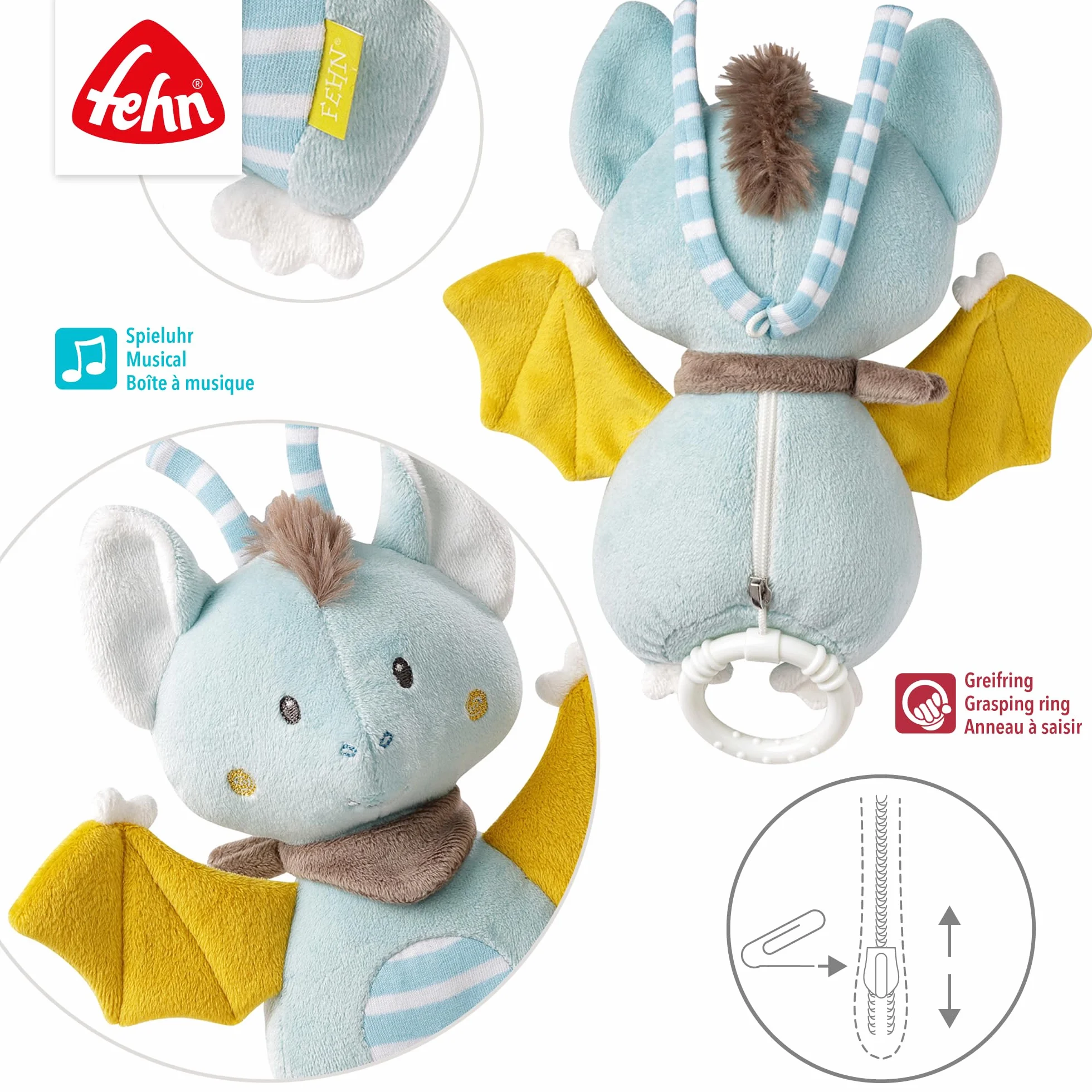 Fehn Spieluhr Fledermaus Aufzieh-Spieluhr mit Brahms Wiegenlied für Babys und Kleinkinder ab 0+ Monaten