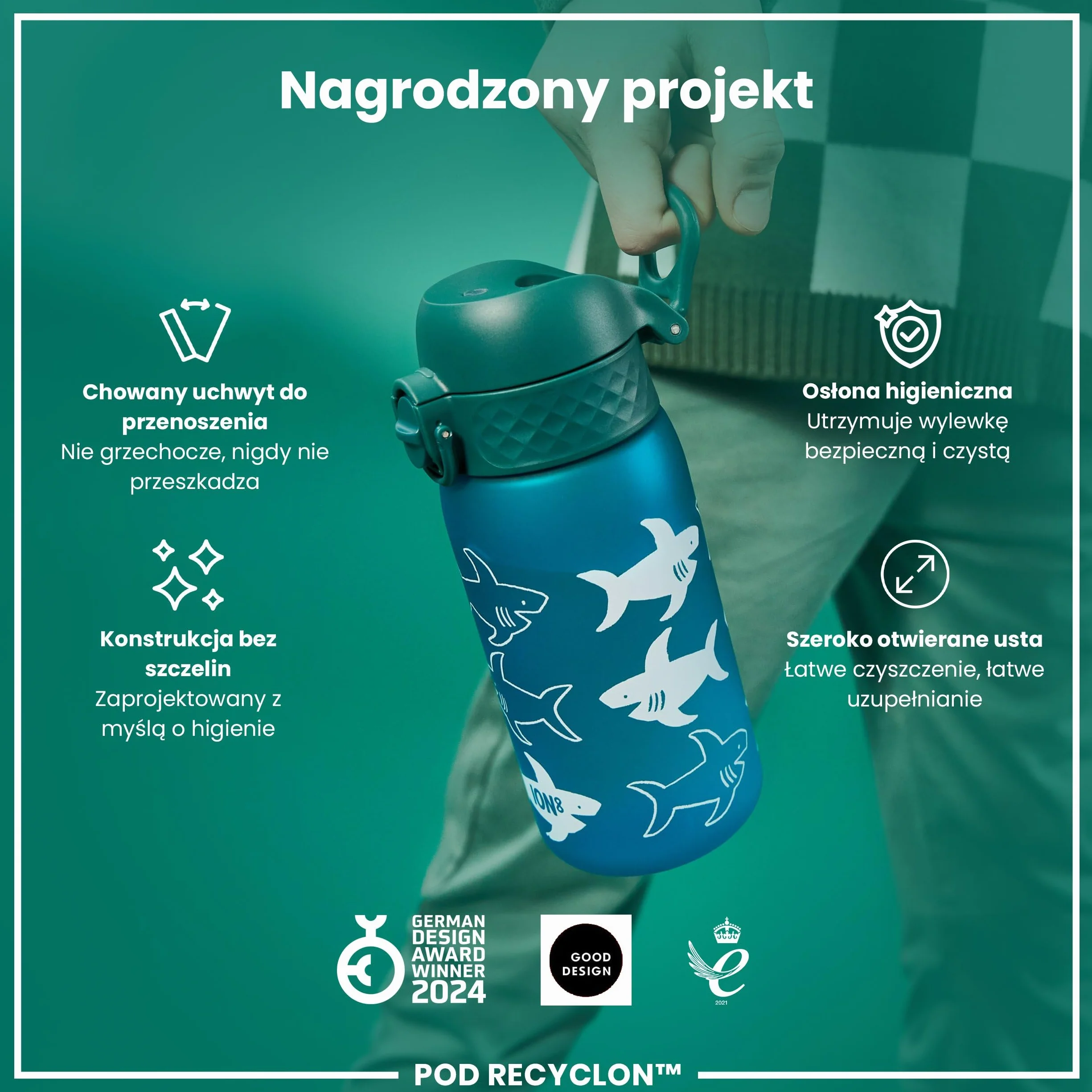 ION8 Butelka dla Dzieci, 350 ml/12 oz, Szczelna, Łatwa do Otwarcia, Bezpieczny Zamek, Można Myć w Zmywarce, Bez BPA, Uchwyt do Przenoszenia, Łatwa do Czyszczenia, Bezwonny, Rekiny