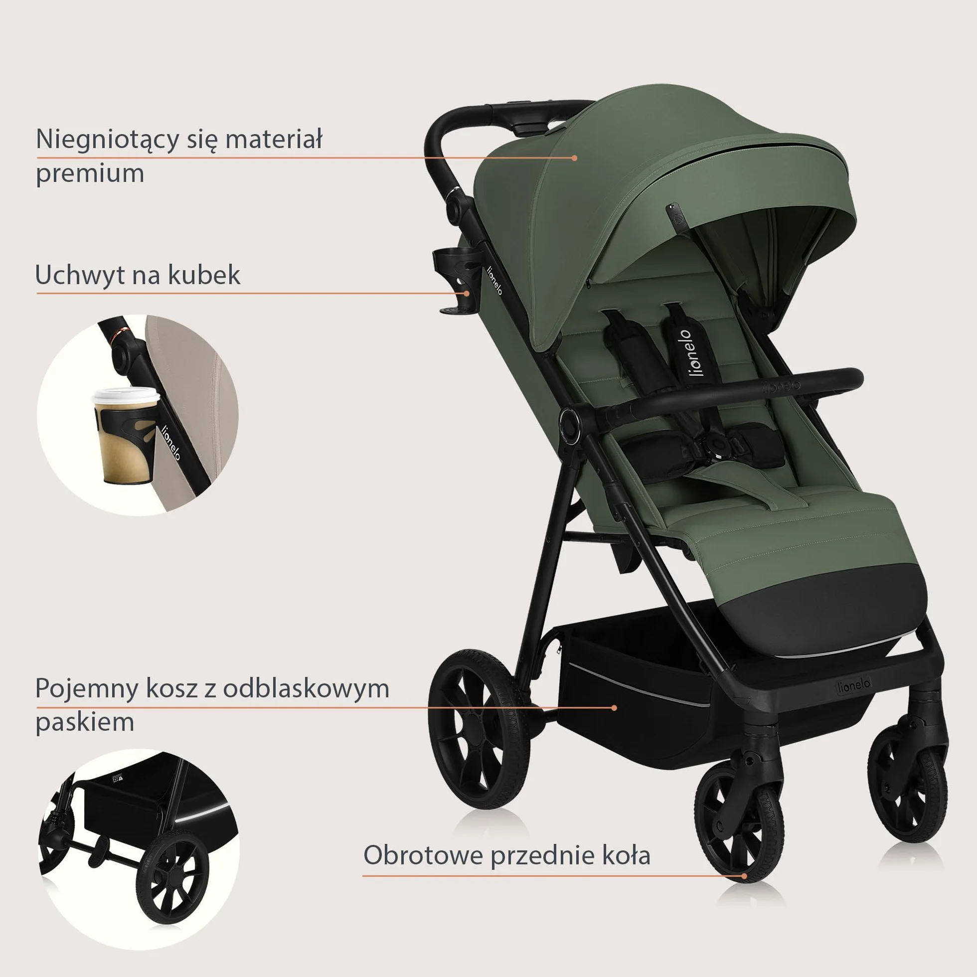 LIONELO IVA Spacerowy Wózek Dziecięcy do 22 kg od 6 m do 4 lat Obrotowe Koła 360° Pełna Amortyzacja Regulacja Rączki Oparcia i Podnóżka Daszek XXL UPF50+ Materiał Premium