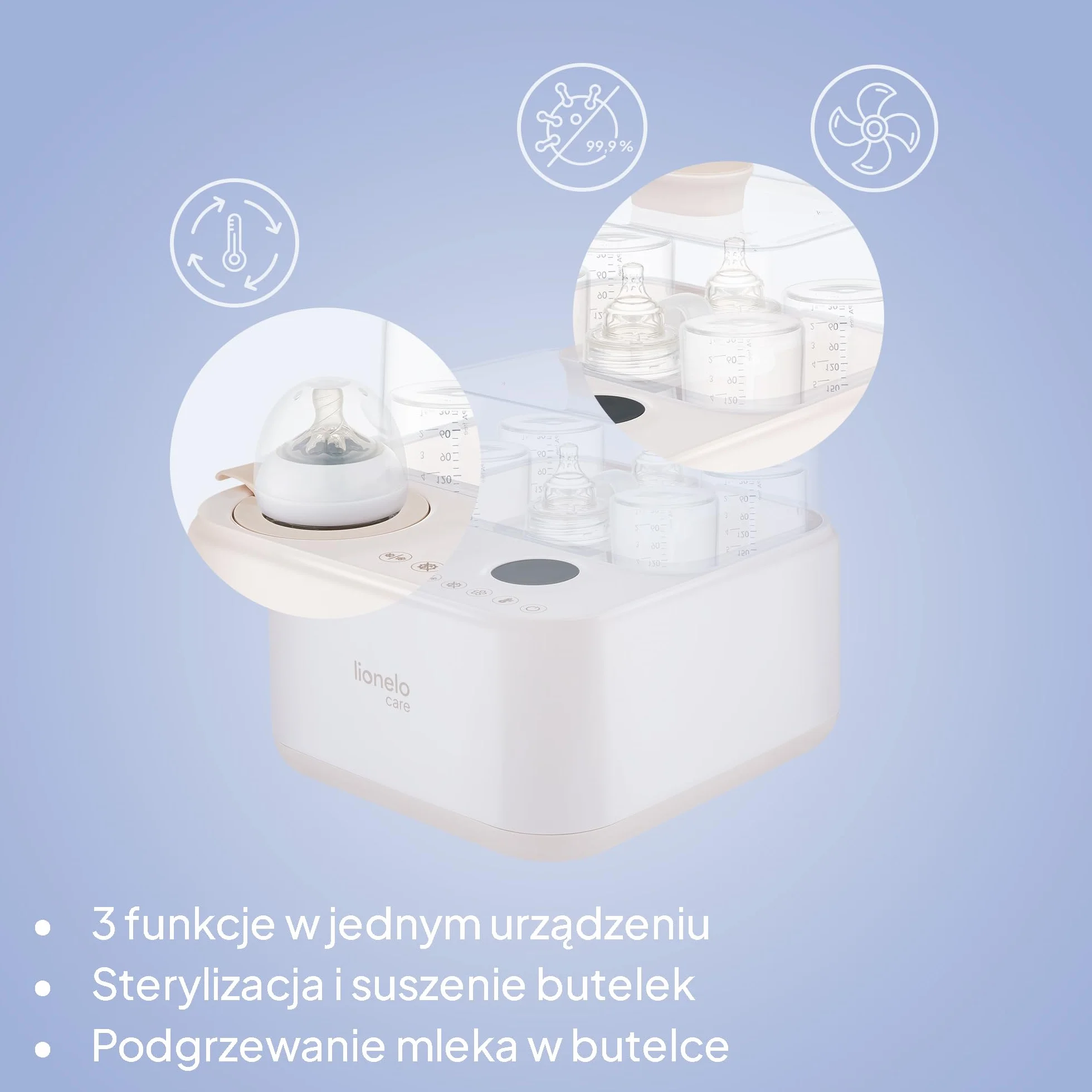 Lionelo SteamUp sterylizator 3 w 1 do butelek dla niemowląt z suszarką i ogrzewaczem butelek dla niemowląt, sterylizator parowy na 4 butelki, 99,99% redukcja zarazków, panel dotykowy, automatyczne